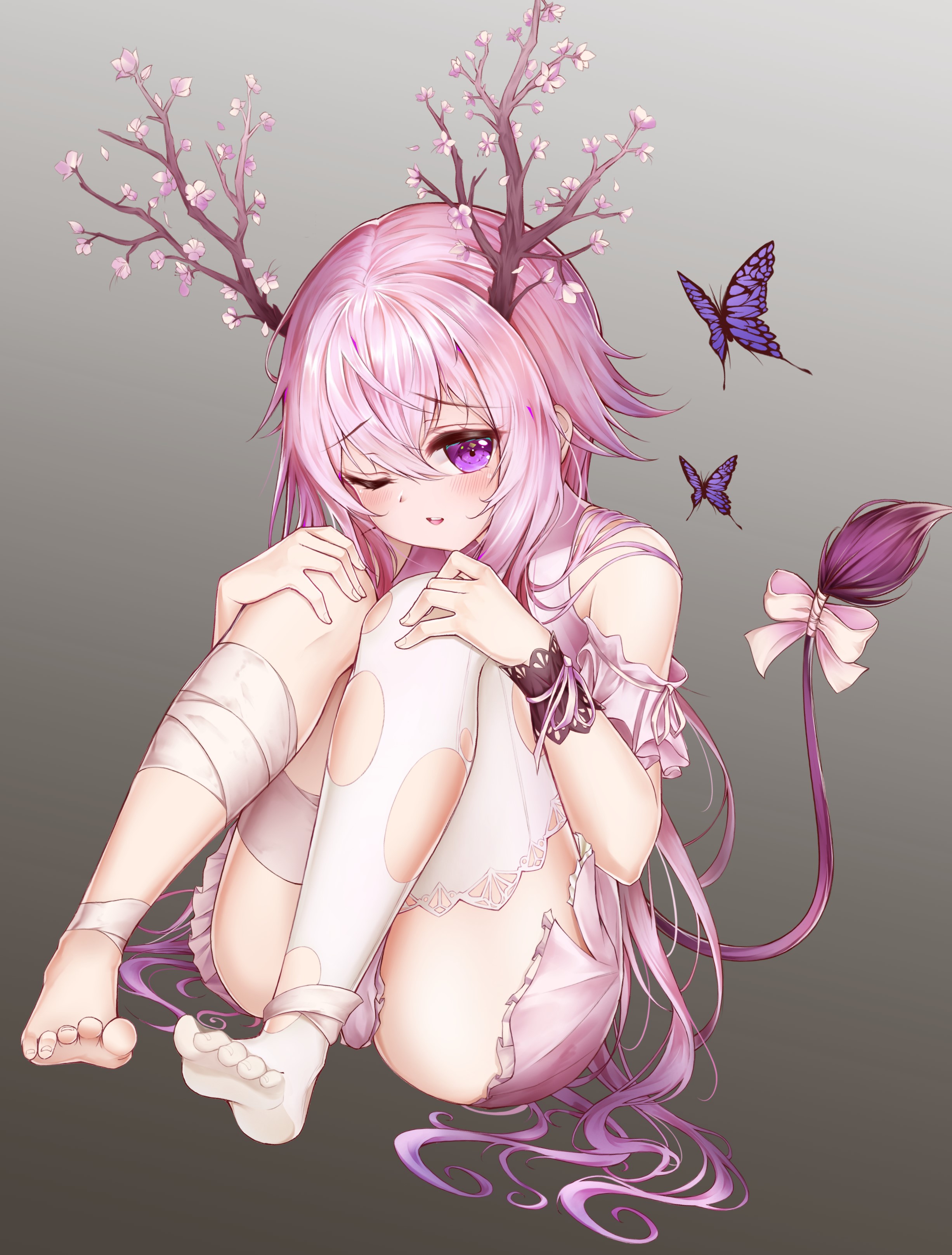 Anime 2453x3234 horns stockings tail thigh-highs torn clothes butterfly long hair purple hair purple eyes simple background bandage barefoot bangs antlers blush dress gradient pink hair ribbon smile solo white legwear wrist cuffs missing sock