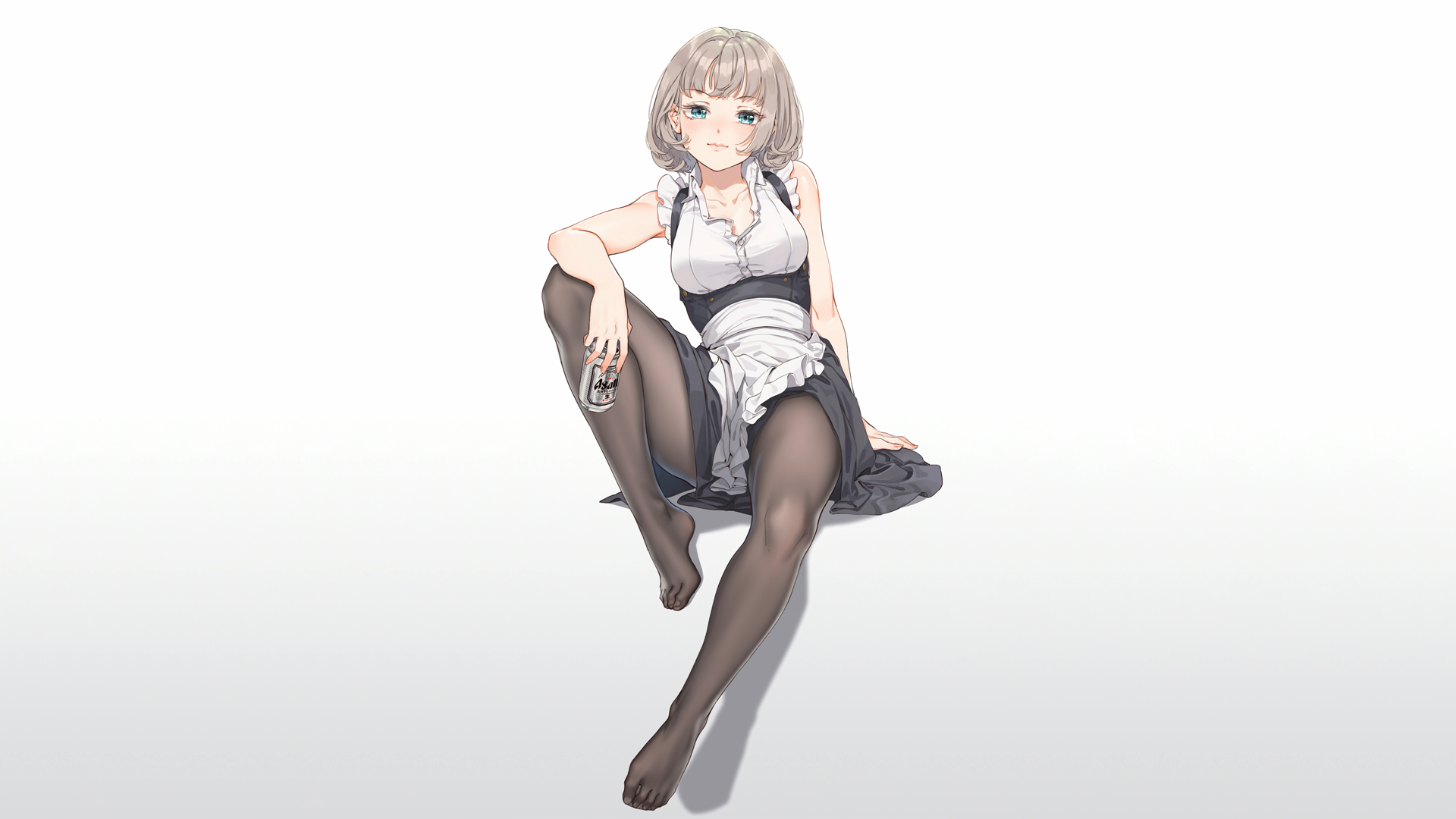 Anime 1920x1080 anime girls anime maid thighs pantyhose feet beer short hair looking at viewer sitting ecchi simple background black pantyhose