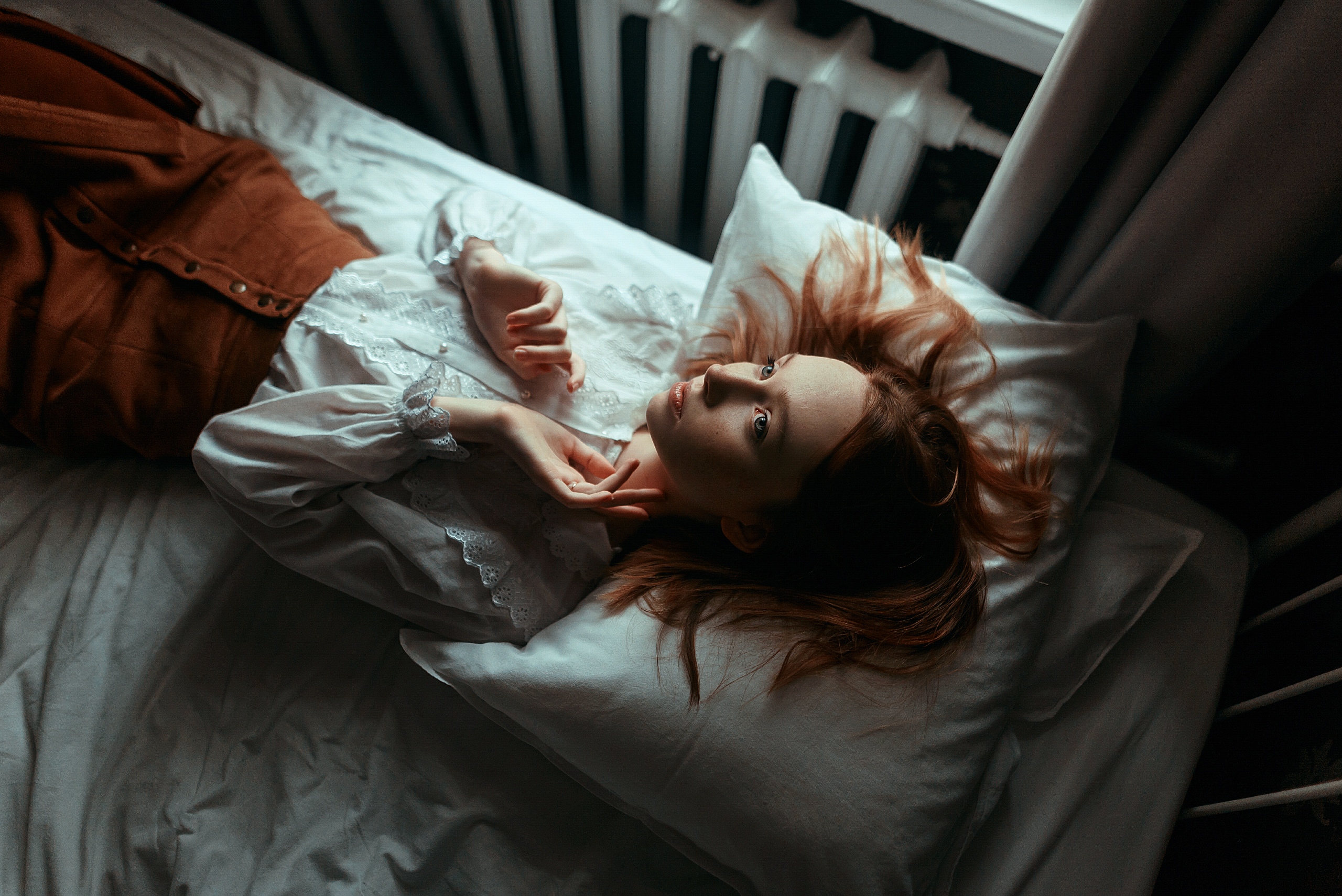 People 2560x1709 women model redhead freckles shirt skirt lying on back looking up top view pillow in bed indoors women indoors Juliana Naidenova bokeh gray eyes bedroom