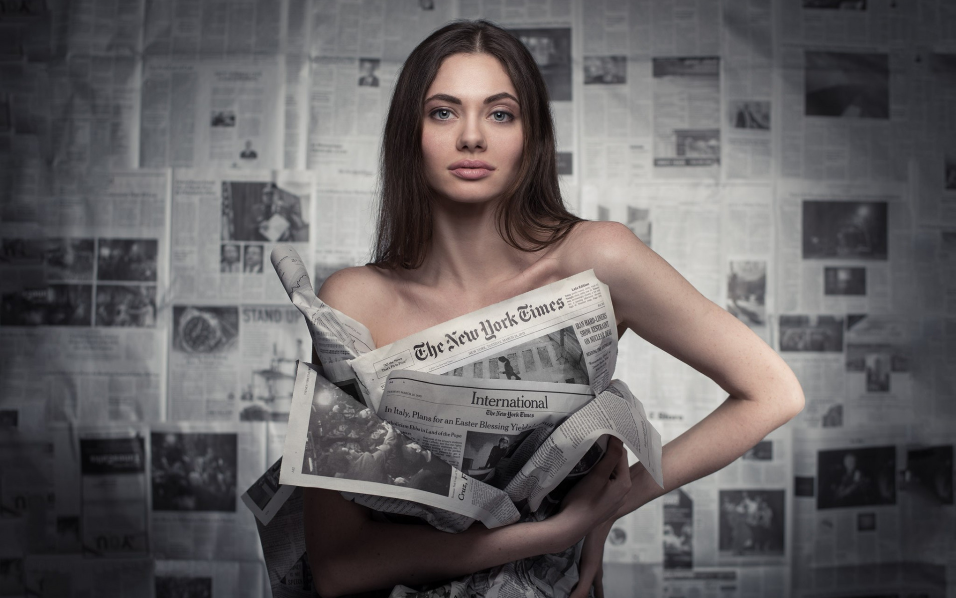 People 1920x1200 women model brunette long hair newspapers depth of field bare shoulders face looking at viewer The New York Times frontal view