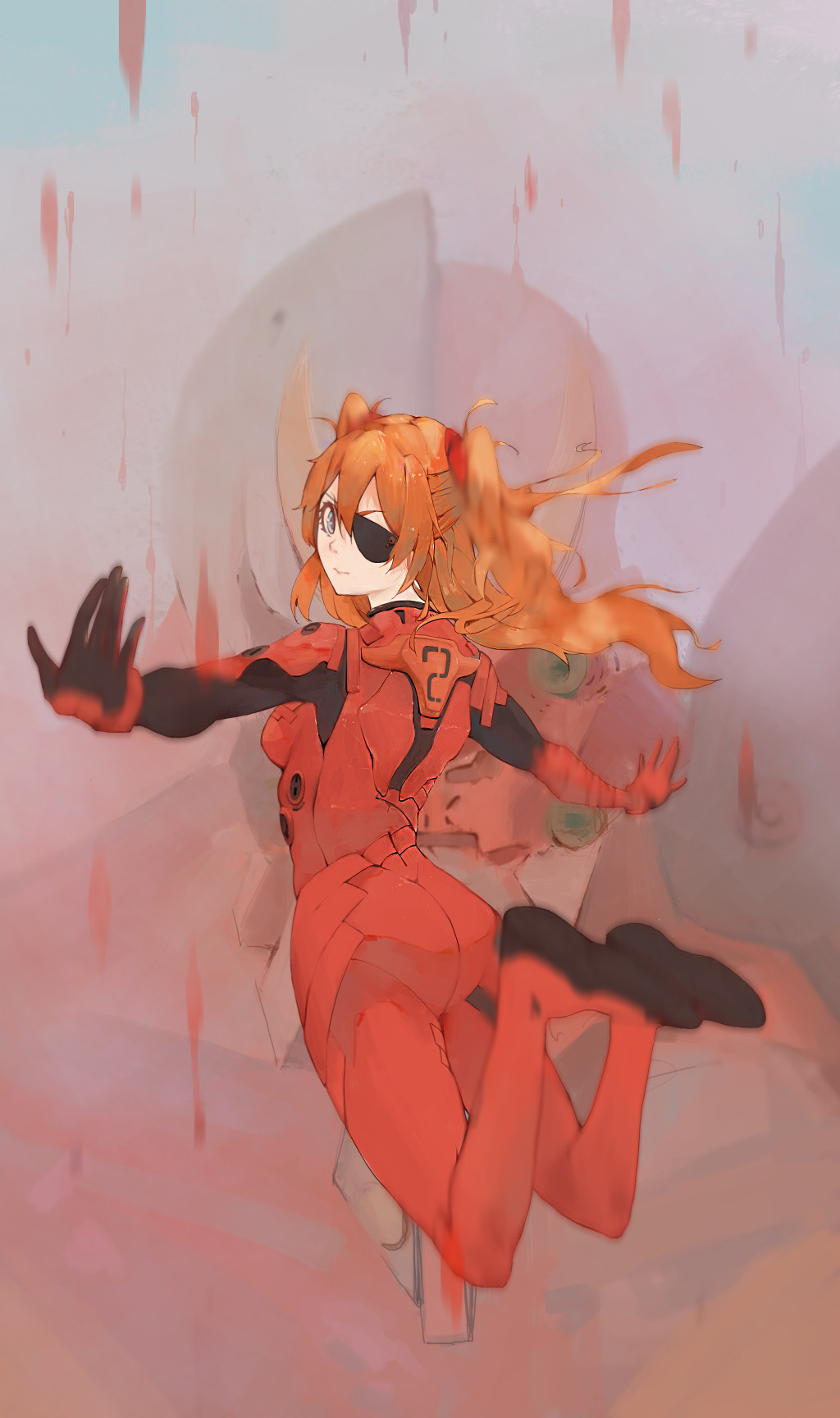 Anime 1024x1728 Neon Genesis Evangelion Rebuild of Evangelion Evangelion: 3.0 You Can (Not) Redo anime girls fan art 2D portrait display plugsuit long hair redhead looking at viewer thigh-highs jumping twintails ass Asuka Langley Soryu small boobs EVA Unit 02 blood rain blue eyes eyepatches bodysuit