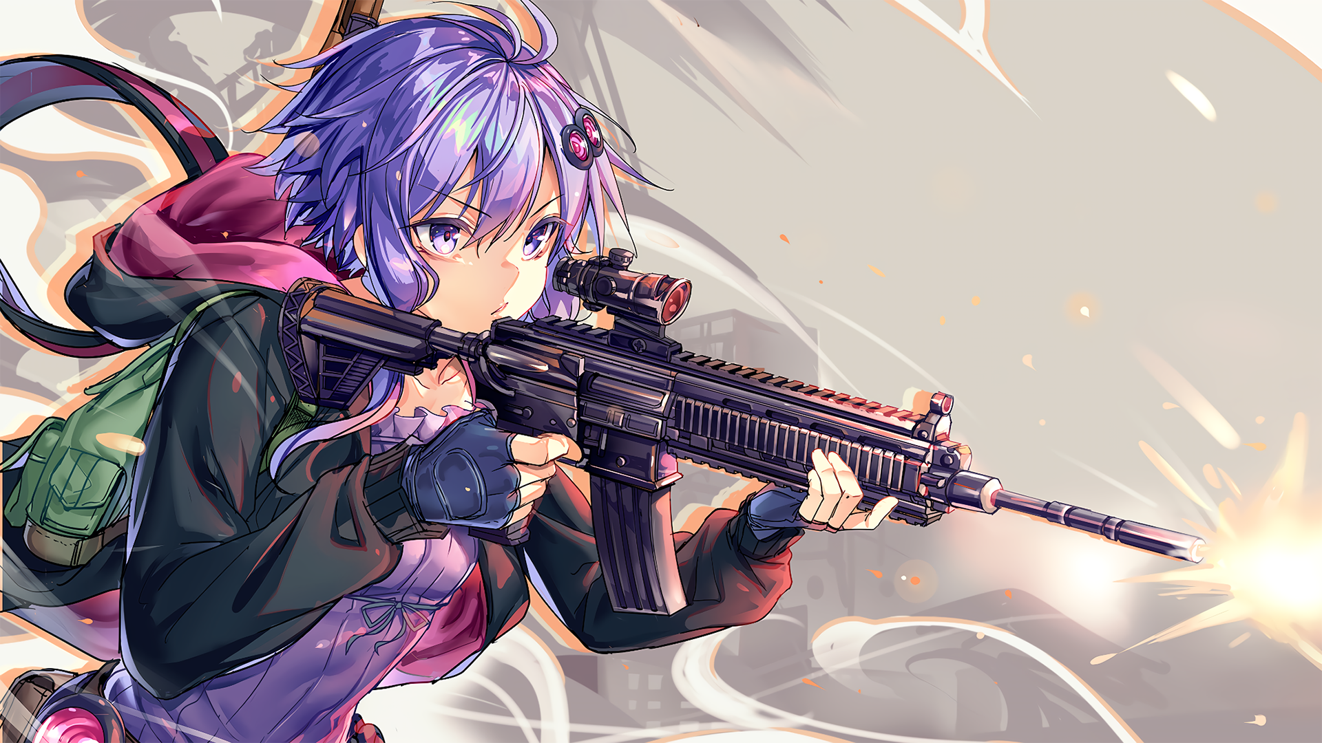 Anime 1920x1080 gun gloves short hair backpacks