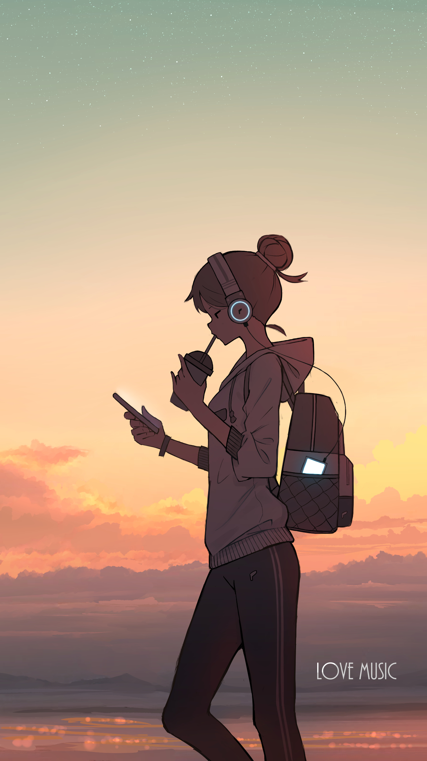 Anime 1474x2625 anime anime girls headphones sunset phone drinking backpacks hoods hairbun