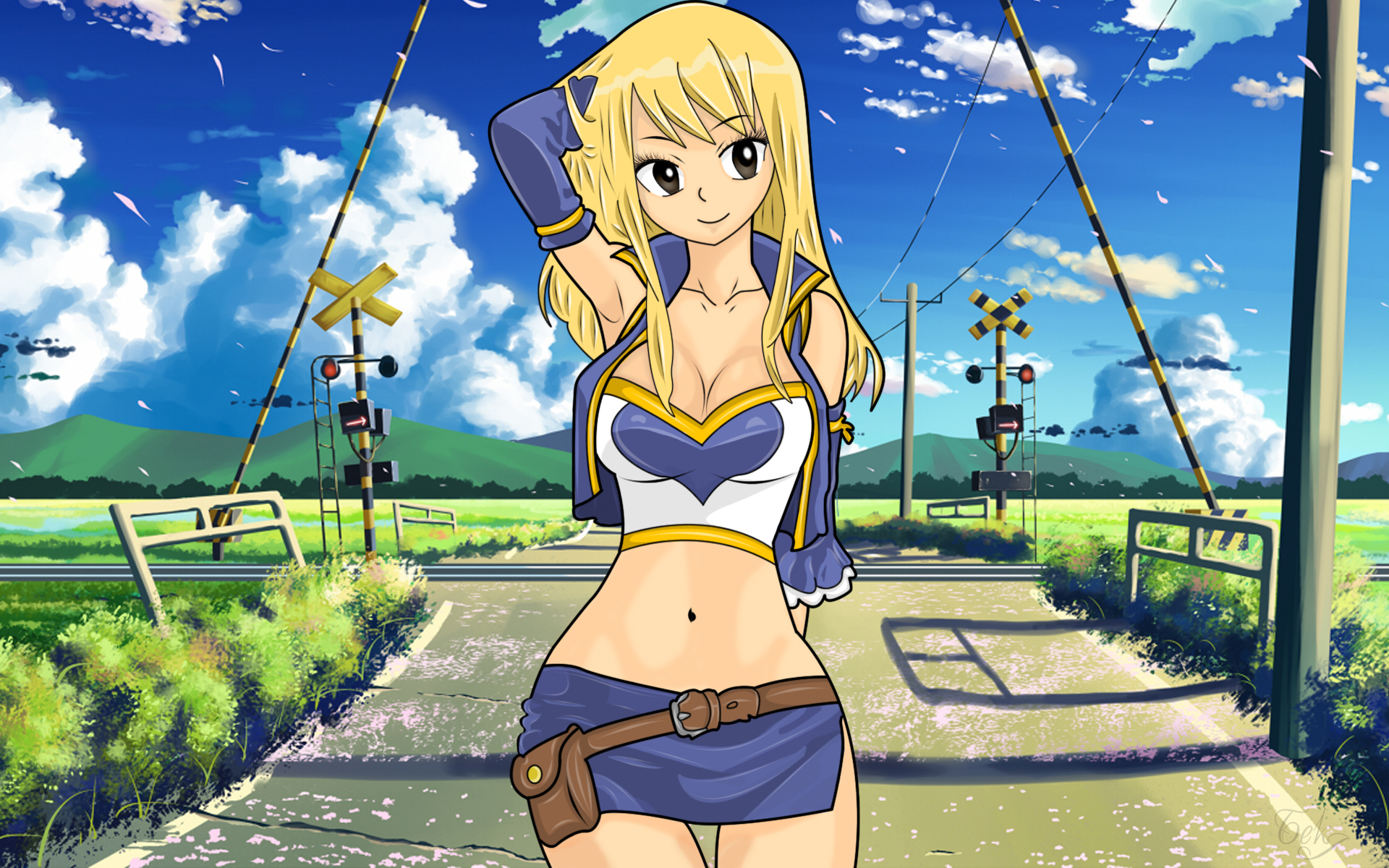 Anime 1920x1200 anime anime girls miniskirt outdoors blonde big boobs belly railway crossing sky Heartfilia Lucy  Fairy Tail