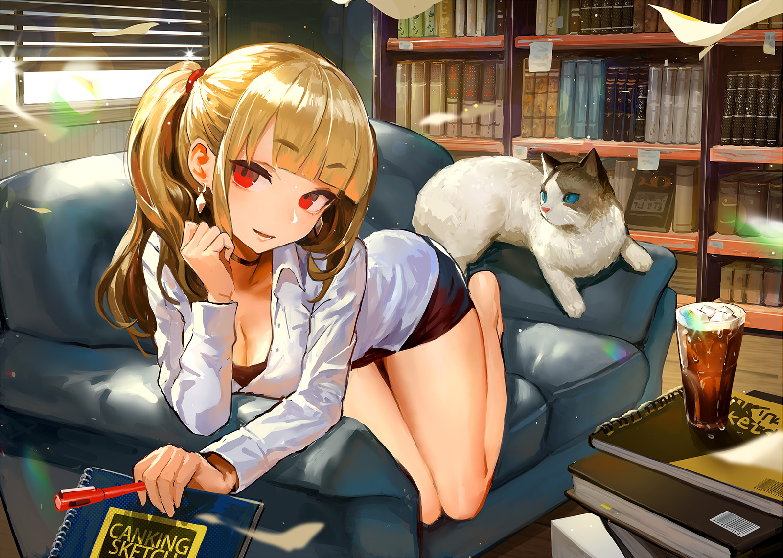 Anime 1600x1141 anime anime girls digital art artwork 2D portrait Danann cats blonde red eyes barefoot bent over cleavage