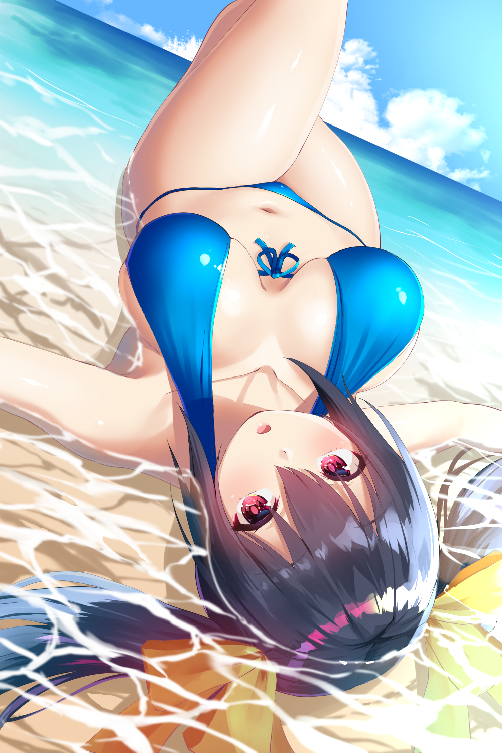 Anime 1000x1500 anime looking at viewer beach sea water clouds sky twintails hair ribbon open mouth blushing bikini wide breasts lying on back dark hair pink eyes anime girls Hyperdimension Neptunia Noire (Hyperdimension Neptunia) Oekakizuki artwork lying on beach