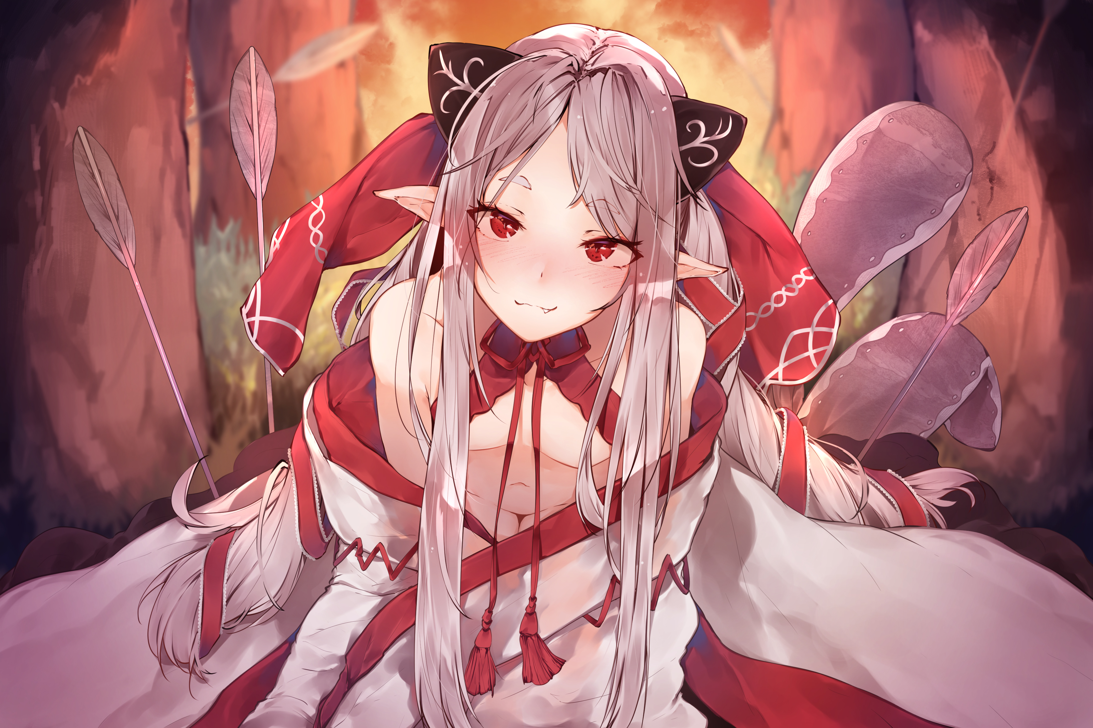 Anime 3720x2480 anime anime girls digital art artwork 2D portrait red eyes nopan frontal view no bra Japanese clothes bent over blushing pointy ears silver hair hplay Forever 7th Capital