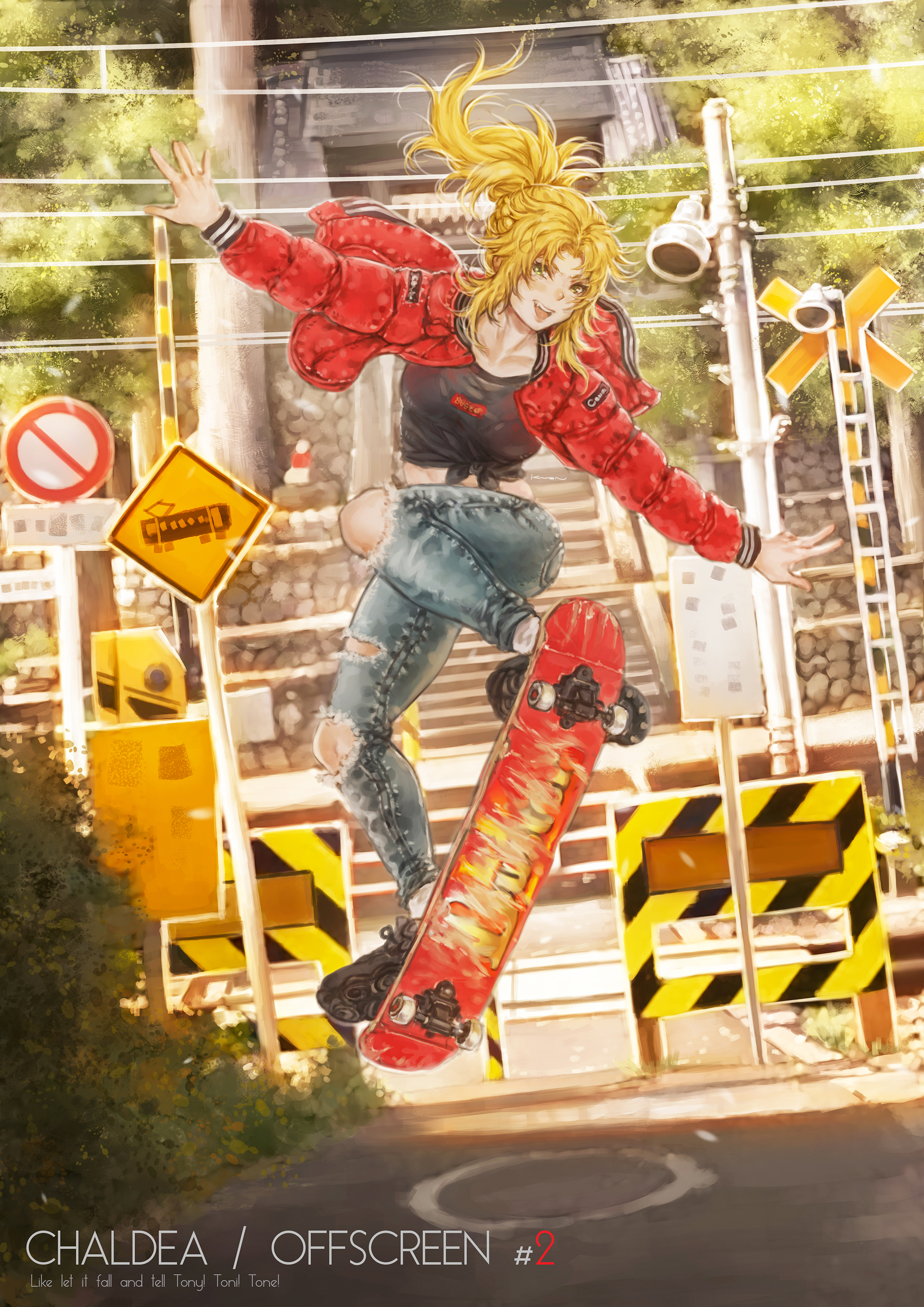 Anime 2121x3000 Fate series Fate/Grand Order Fate/Apocrypha  anime girls long hair small boobs 2D open mouth looking at viewer vertical ponytail Mordred (Fate/Apocrypha) green eyes skateboarding skates torn jeans red jackets fan art blonde Pixiv women
