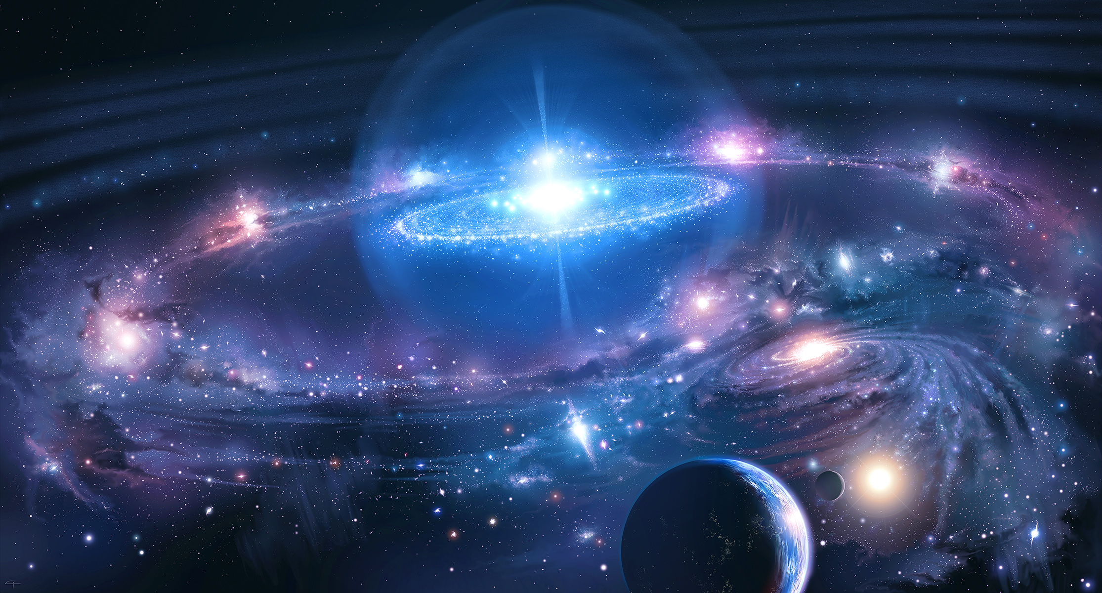 General 2230x1200 space universe stars galaxy bright glowing dark nebula shining blue colorful digital art