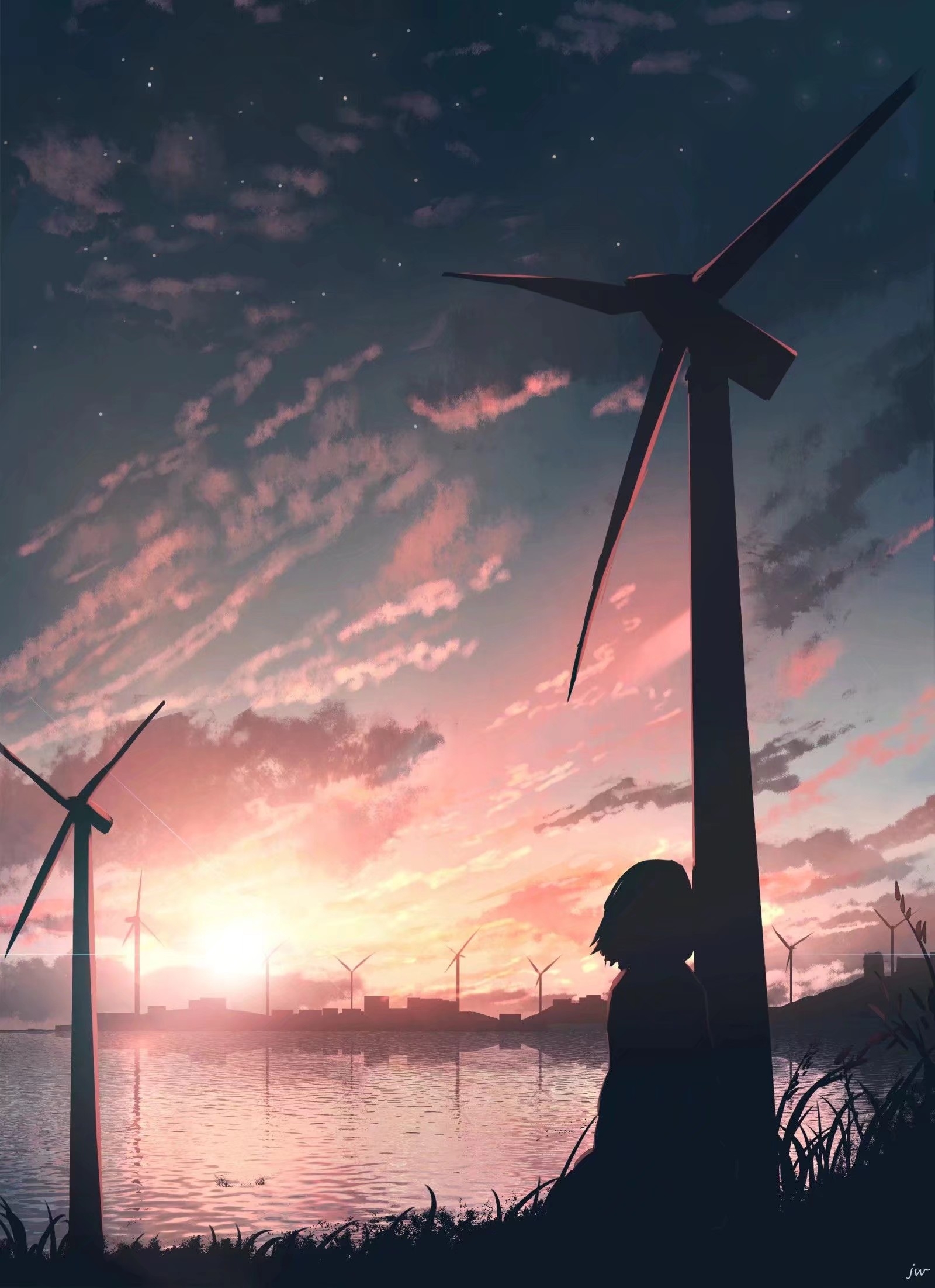 Anime 1600x2203 silhouette moescape sunset anime
