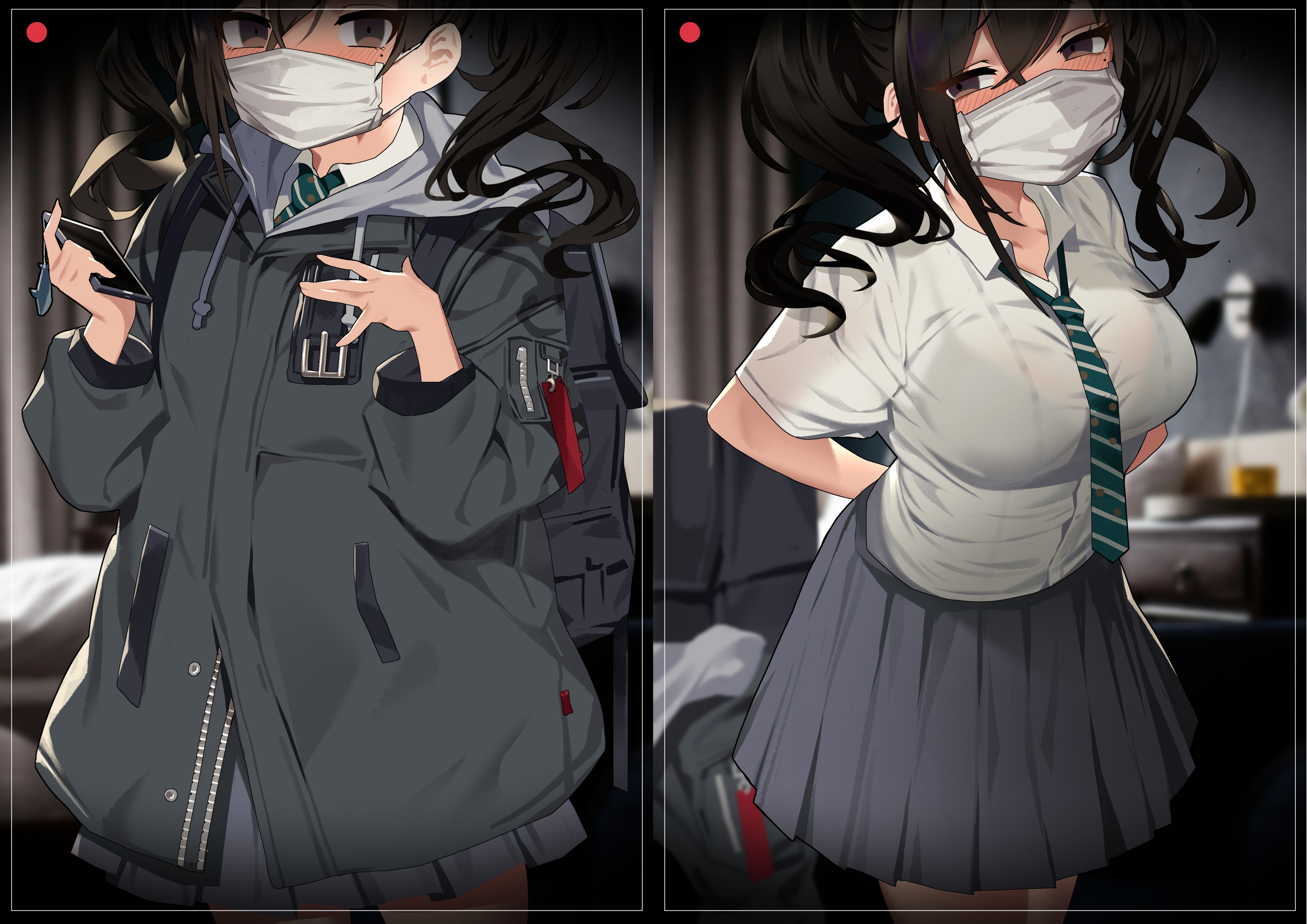Anime 4961x3508 anime anime girls digital art artwork 2D portrait Bsue THE iDOLM@STER Sunazuka Akira face mask blushing dark hair twintails school uniform