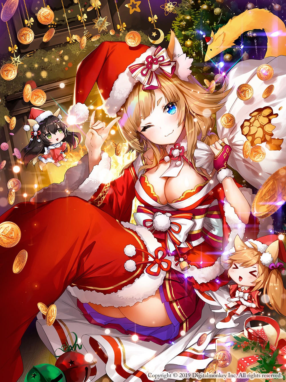 Anime 1000x1334 anime anime girls digital art artwork 2D portrait display cleavage blue eyes blonde Christmas Santa hats Santa girl animal ears Apple a Caramel