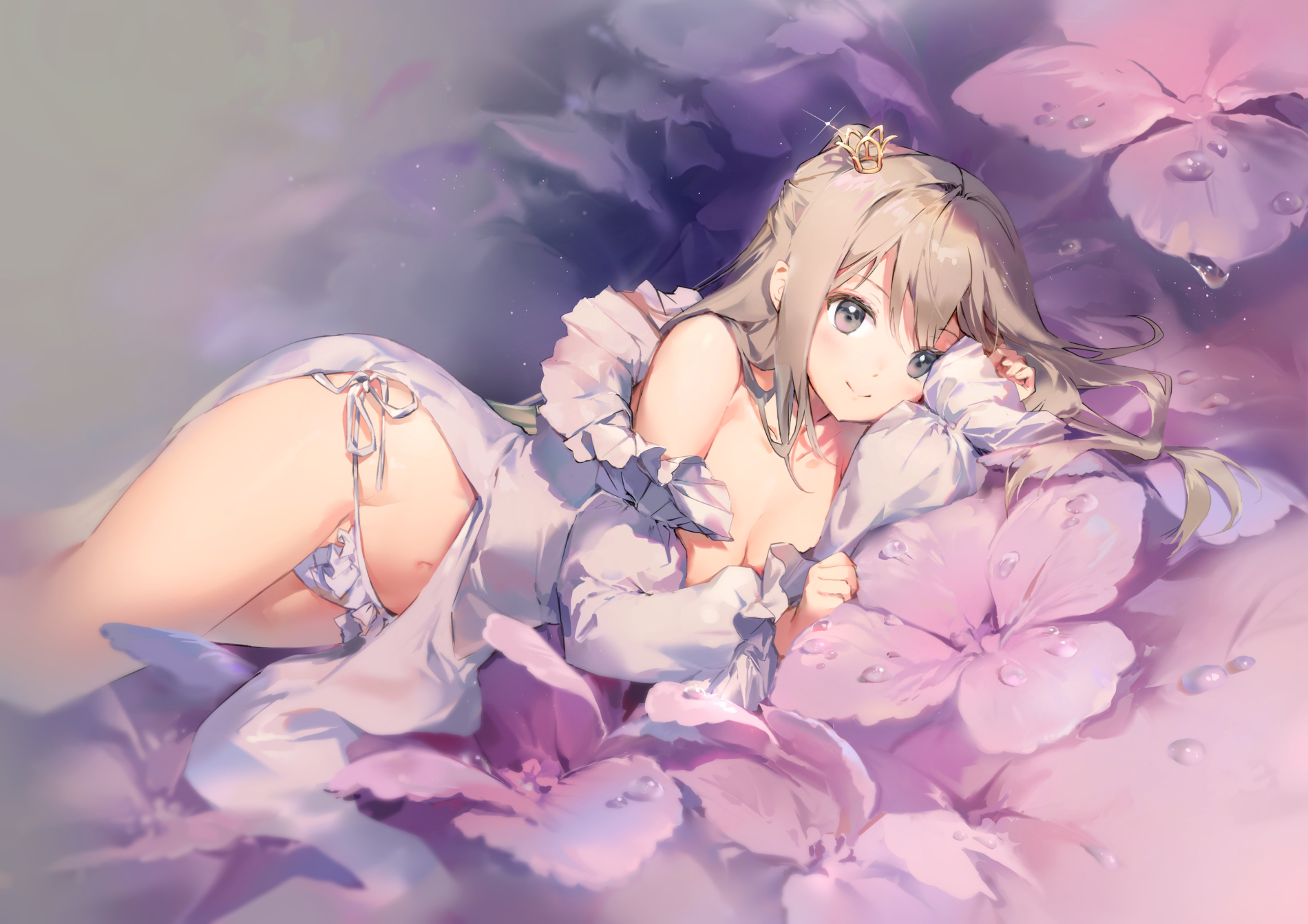 Anime 1900x1343 Anmi brown eyes brunette cleavage flowers panties underwear open clothes anime girls artwork lying down lying on side looking at viewer smiling closed mouth collarbone one bare shoulder crown long hair water drops side tie bikini bottom 2D digital art portrait anime dress legs