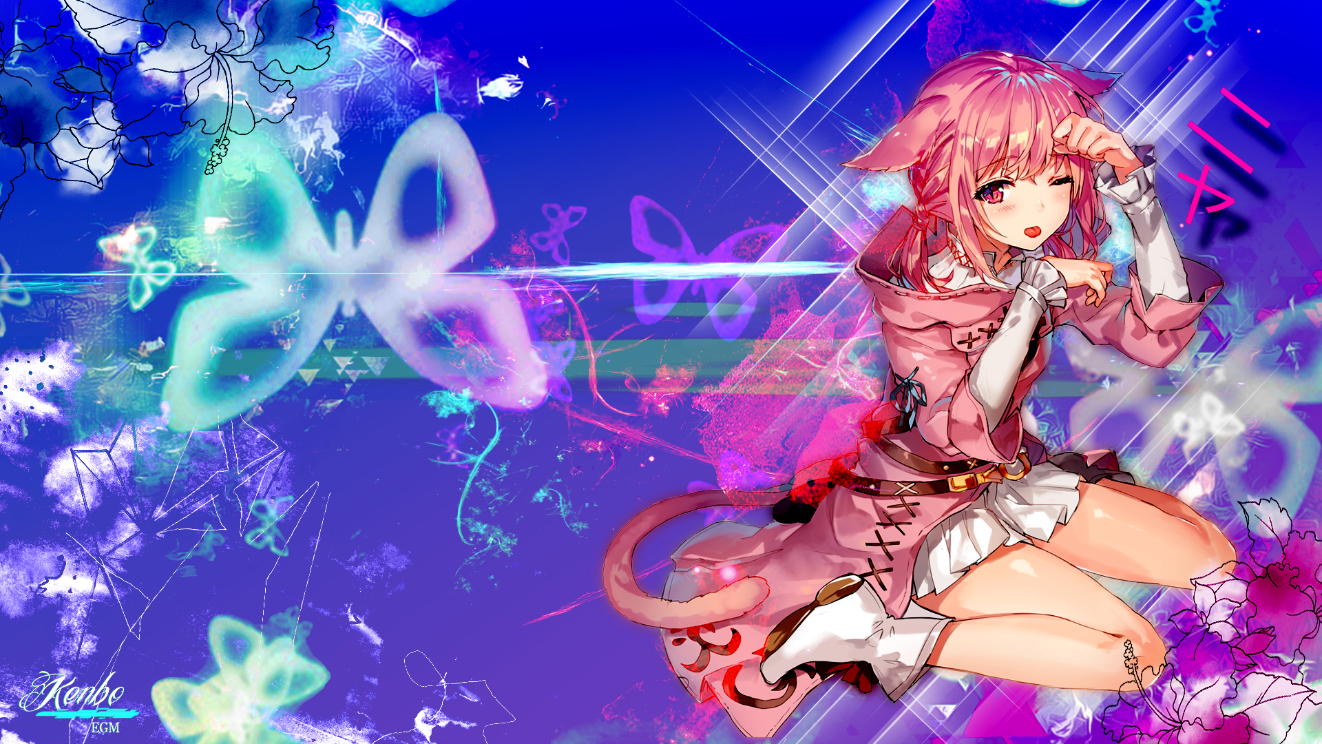 Anime 1920x1080 anime girls cat girl tongue out cat ears one eye closed cat tail long hair wariza edit looking at viewer bent legs skirt frills pink hair pink eyes flowers butterfly