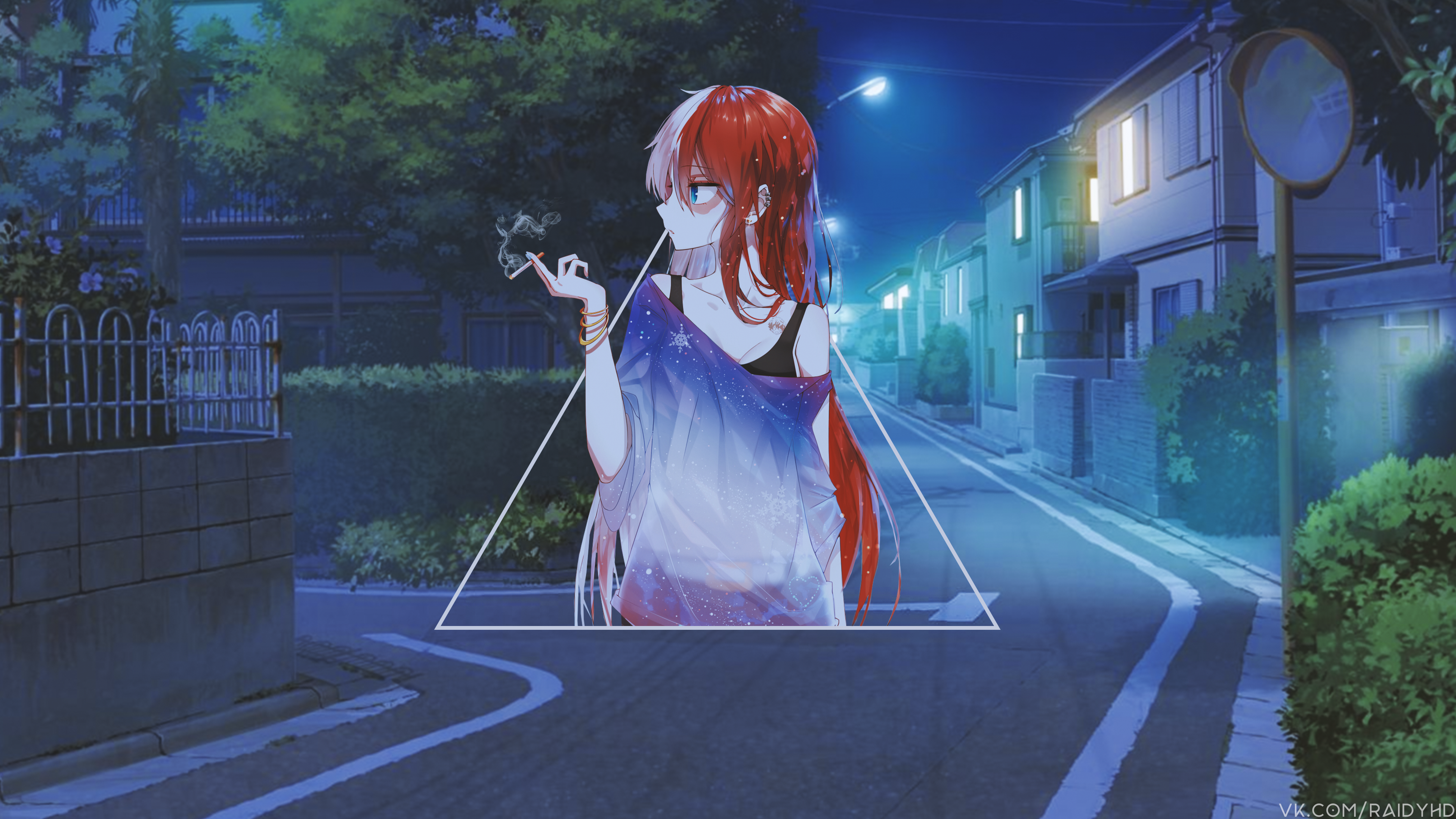 Anime 3840x2160 anime anime girls picture-in-picture night redhead smoking urban