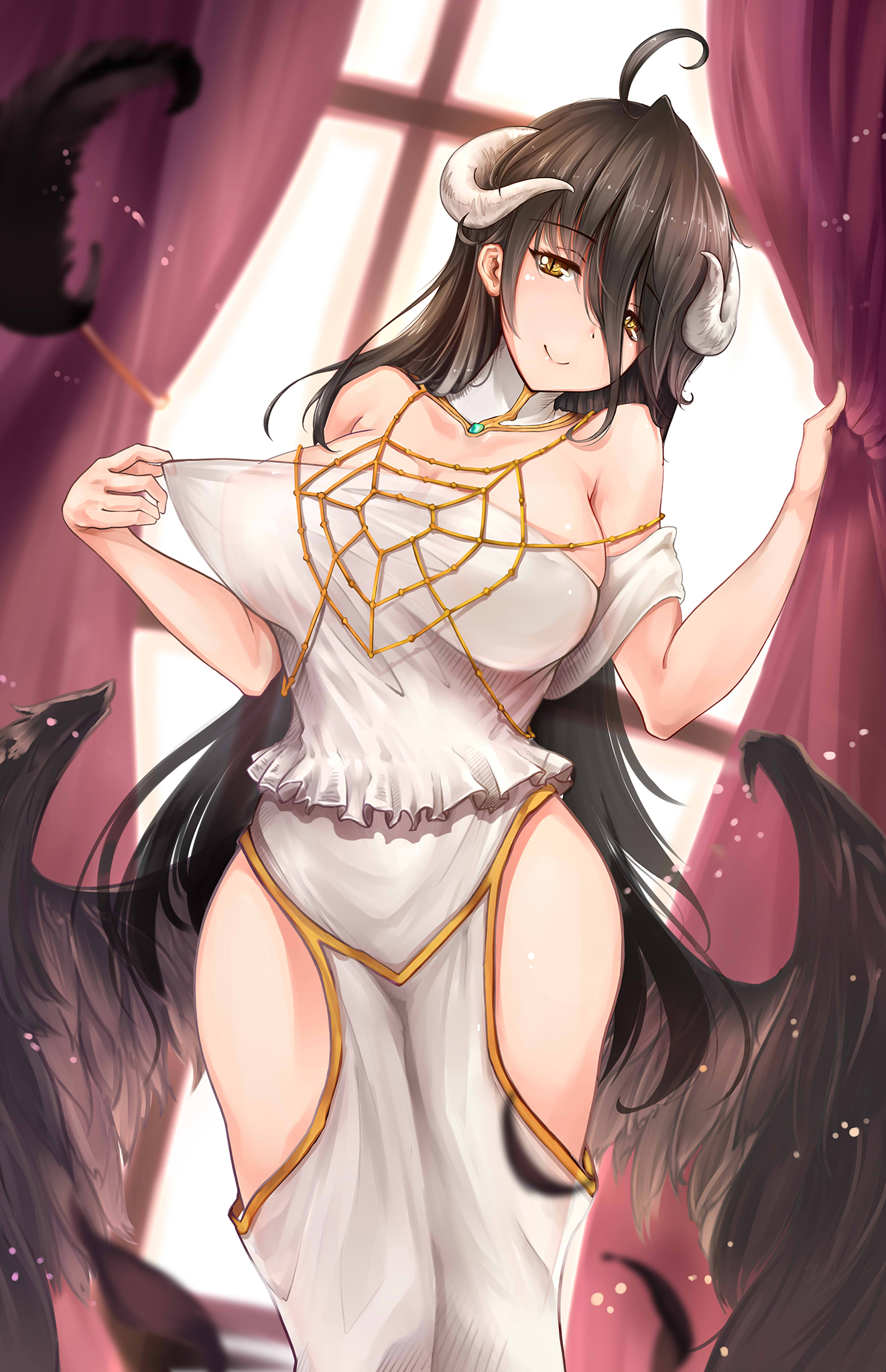 Anime 1322x2048 cleavage Albedo (OverLord) dress horns no bra Overlord (anime) see-through clothing wings black wings anime girls anime big boobs