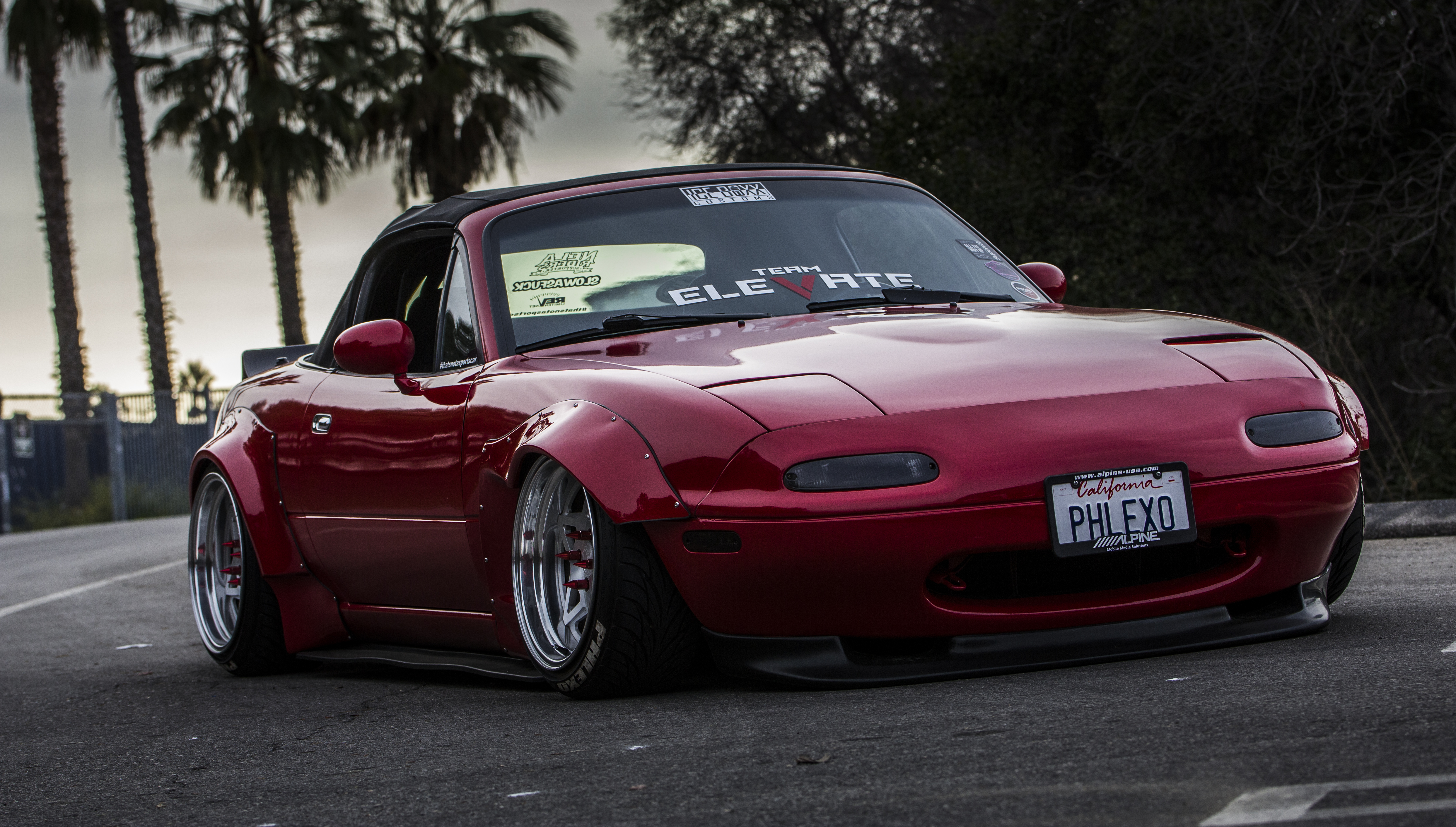 General 4971x2826 Mazda MX-5 widebody Rocket Bunny Mazda sunset Los Angeles car vehicle red cars pop-up headlights bolt-on fender flares Japanese cars bodykit USA North America convertible