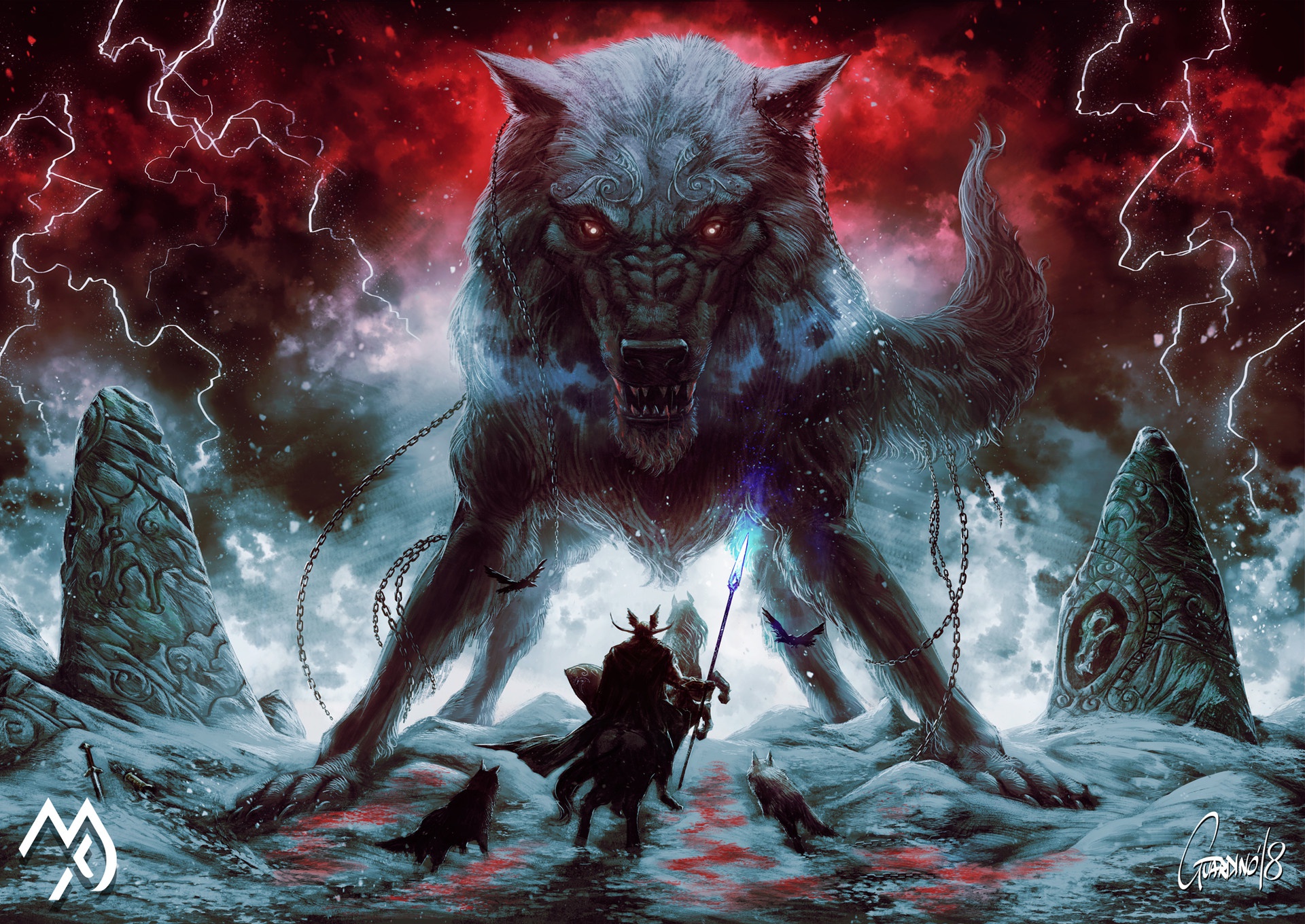 General 1920x1360 fantasy art creature artwork Odin Sleipnir Fenrir wolf digital art watermarked
