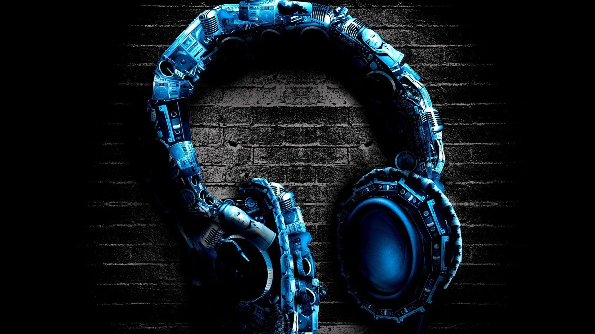 General 1920x1080 black background headphones collage microphone music wall bricks boombox cassette