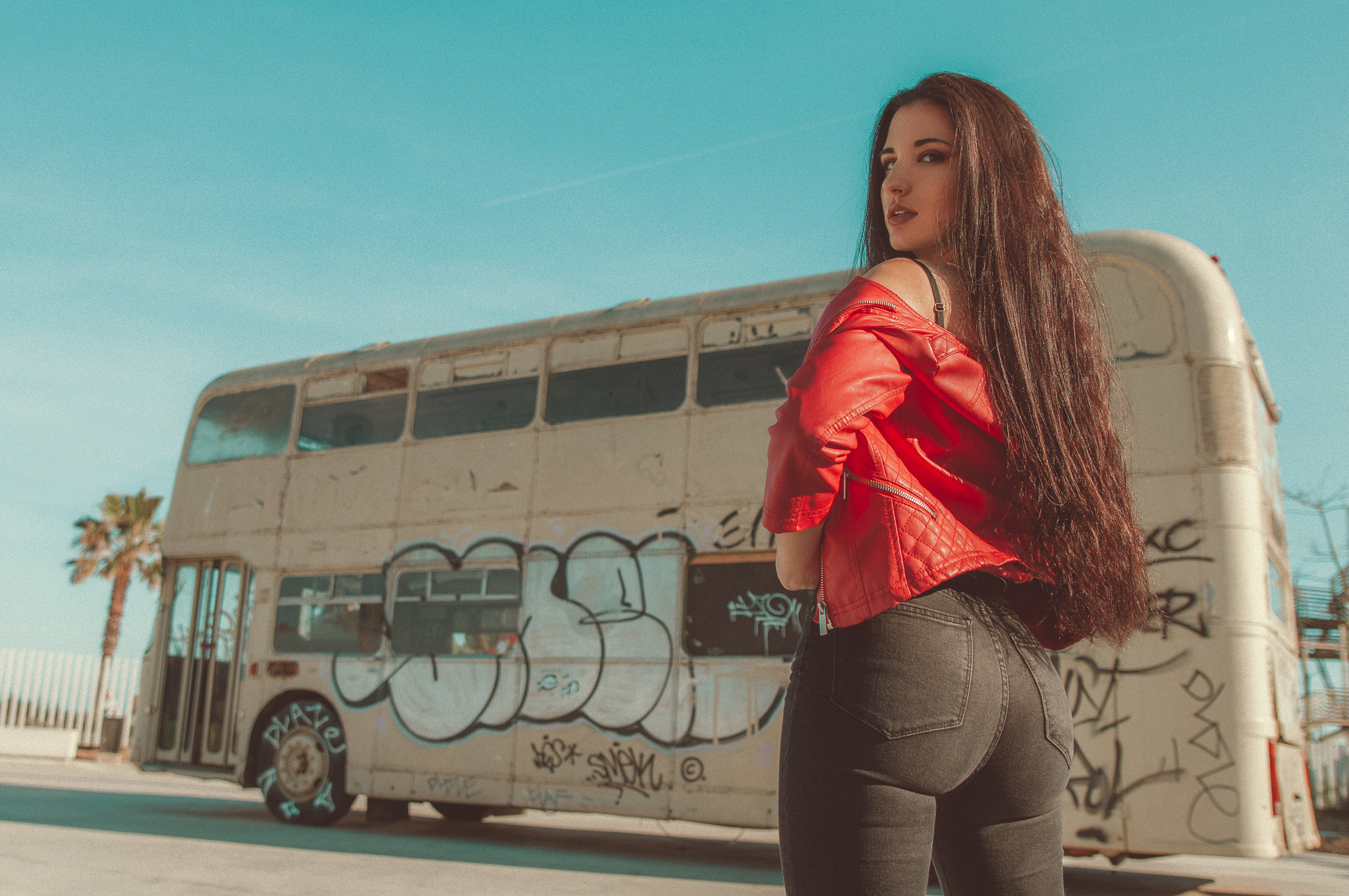 People 2048x1361 women model long hair Ruben Cid 500px jeans ass red jackets leather jacket black pants PAWG Raquel Puente buses
