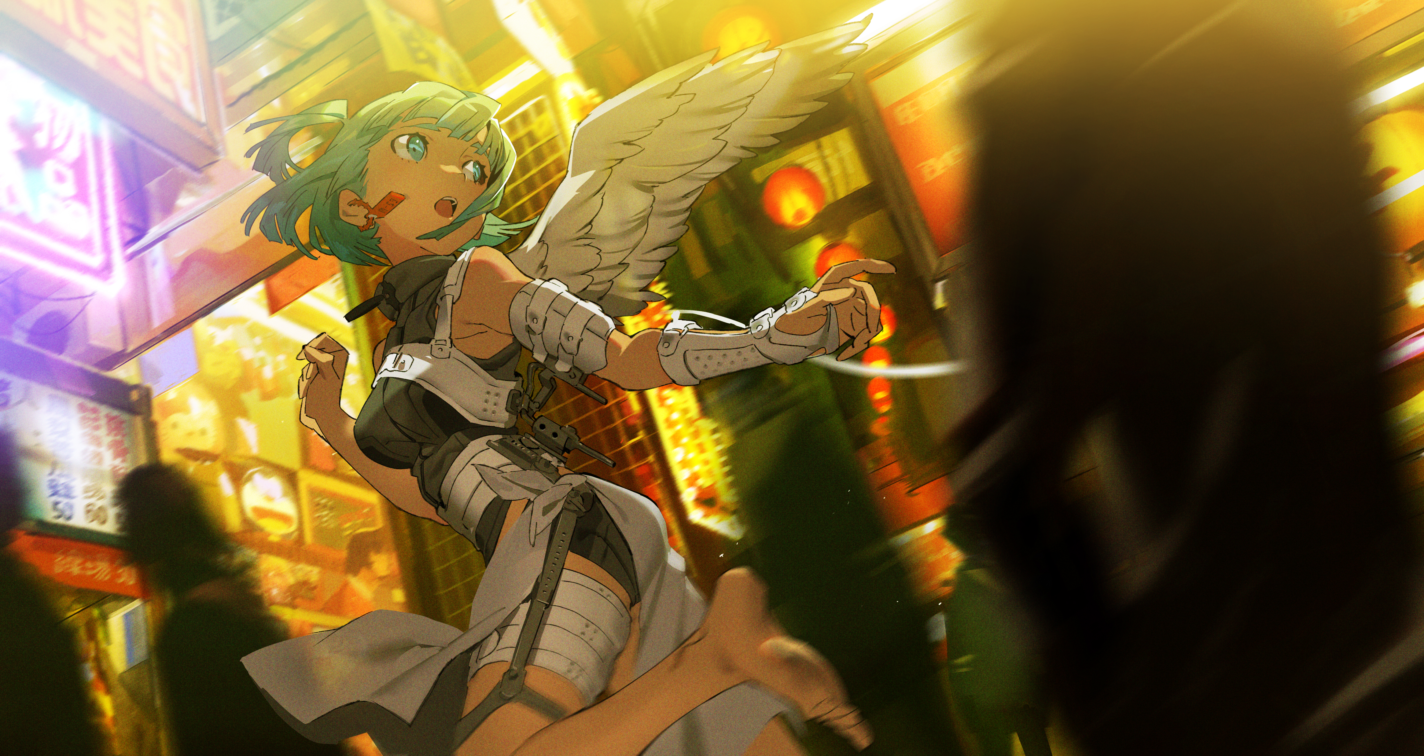 Anime 4659x2474 anime girls anime original characters green eyes barefoot yoneyama mai anime girl with wings thighs short hair cyan hair 2D motion blur open mouth aqua eyes bangs female soldier science fiction Exoskeleton crowds small boobs running sleeveless looking back