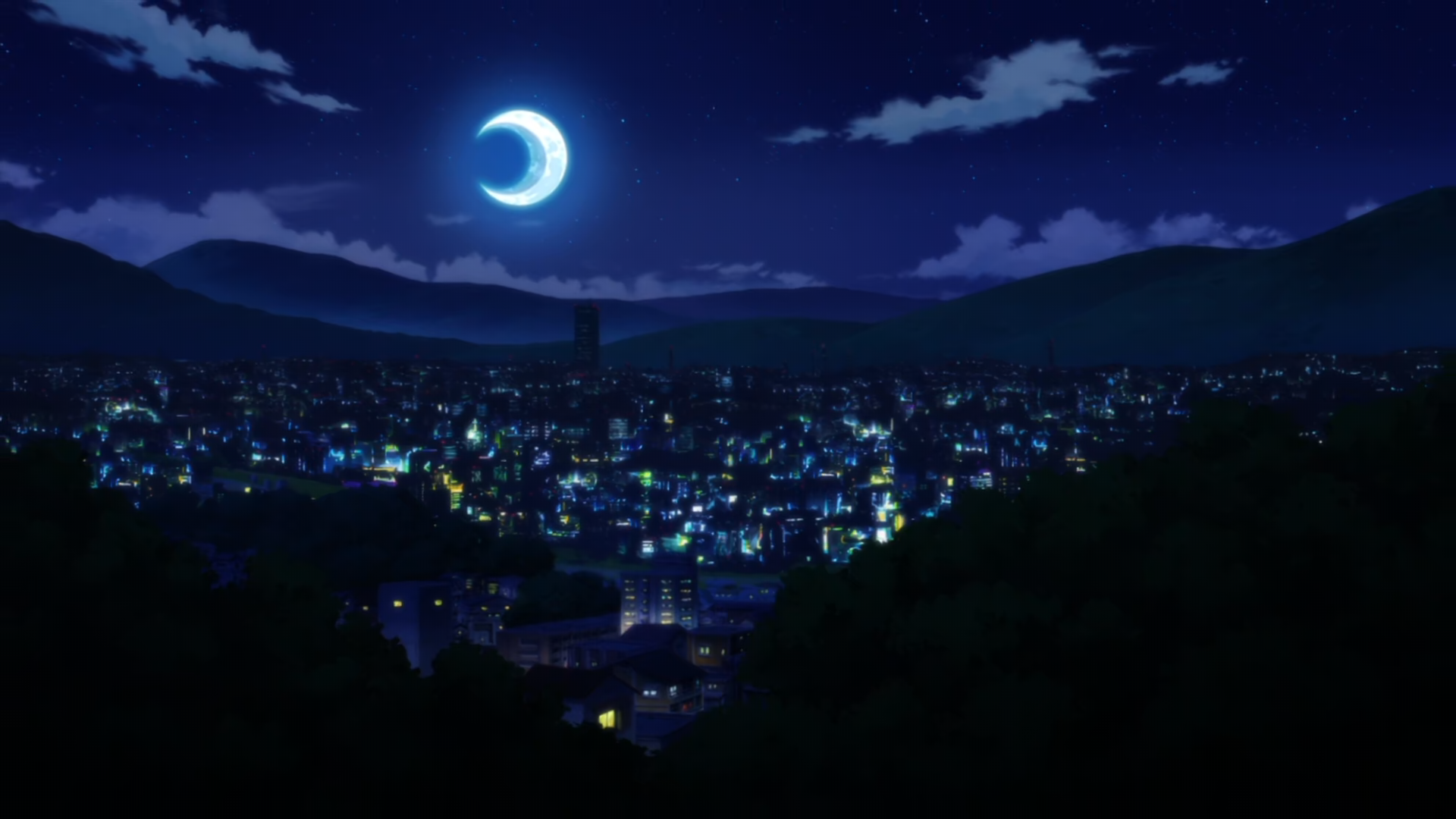 Anime 1920x1080 night cityscape anime dark Moon sky
