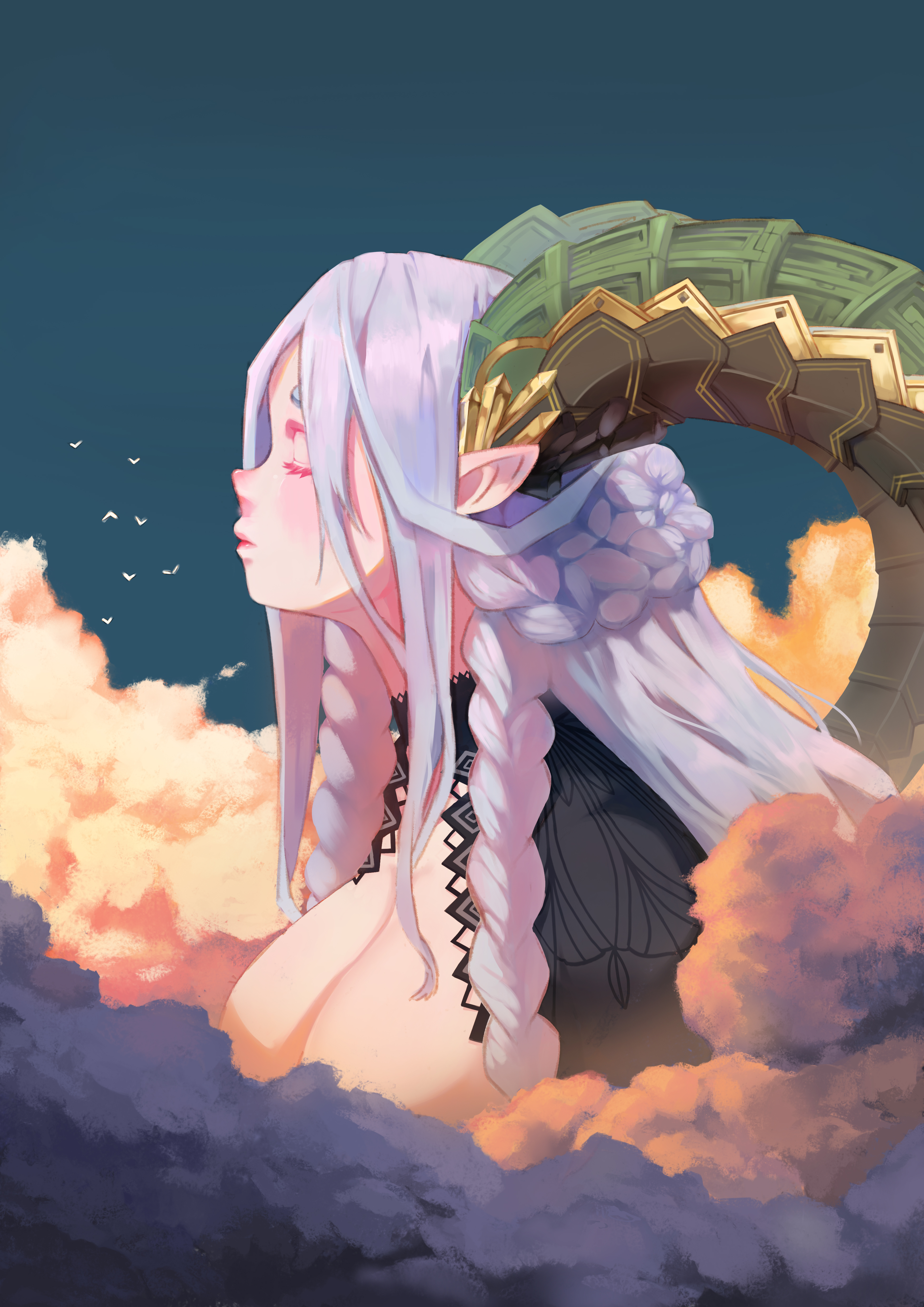 Anime 3508x4961 Fate series Fate/Grand Order 2D anime girls monster girl dragon girl long hair cyan hair no bra horns big boobs braids cleavage clouds birds closed eyes pointy ears overcast giant dragon wide breasts Beast II (FGO) ecchi anime hair in face portrait display fan art blushing Pixiv