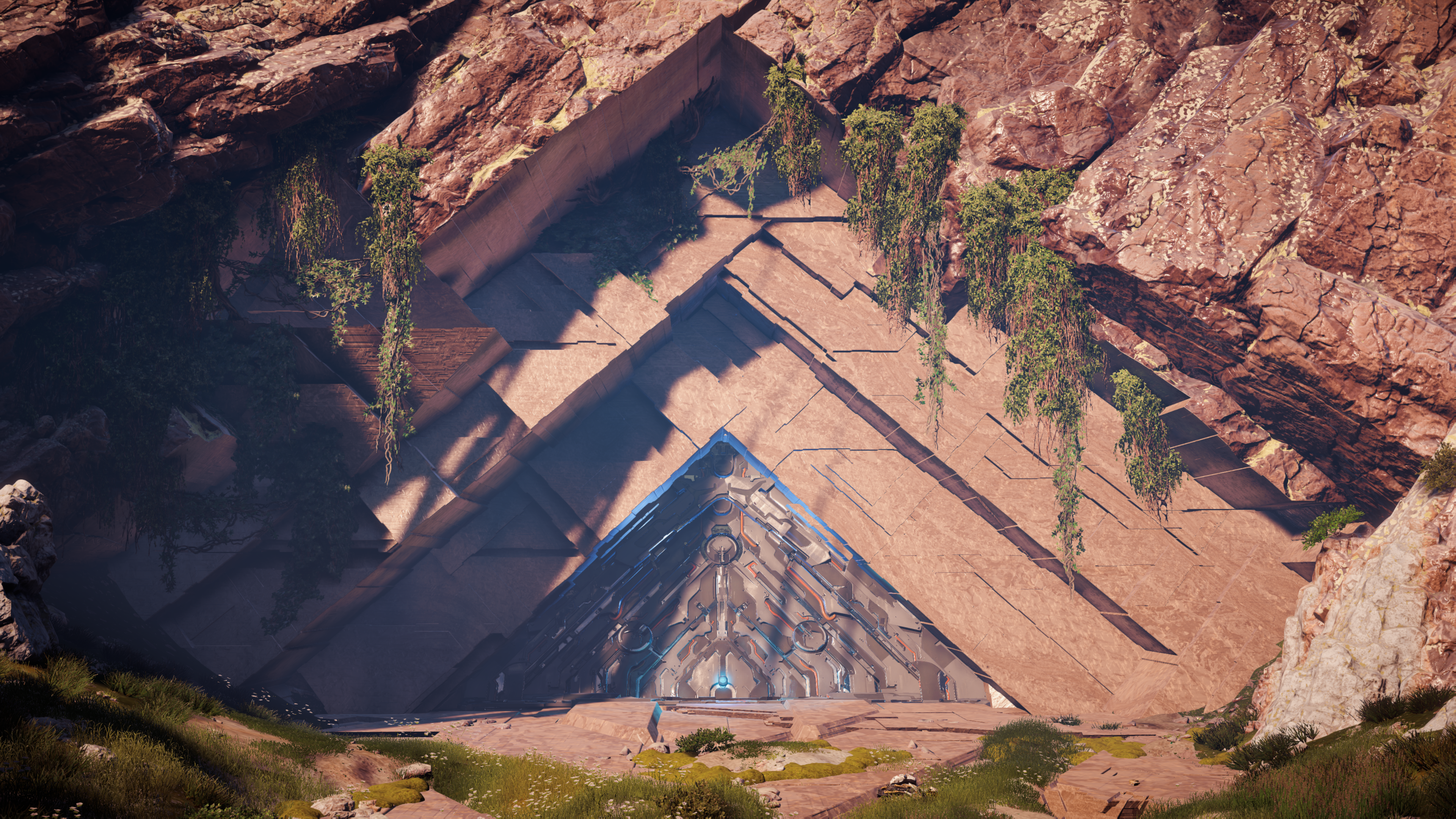 General 3840x2160 Horizon: Zero Dawn video games science fiction cave bunker vault triangle triangulate 4K overgrown