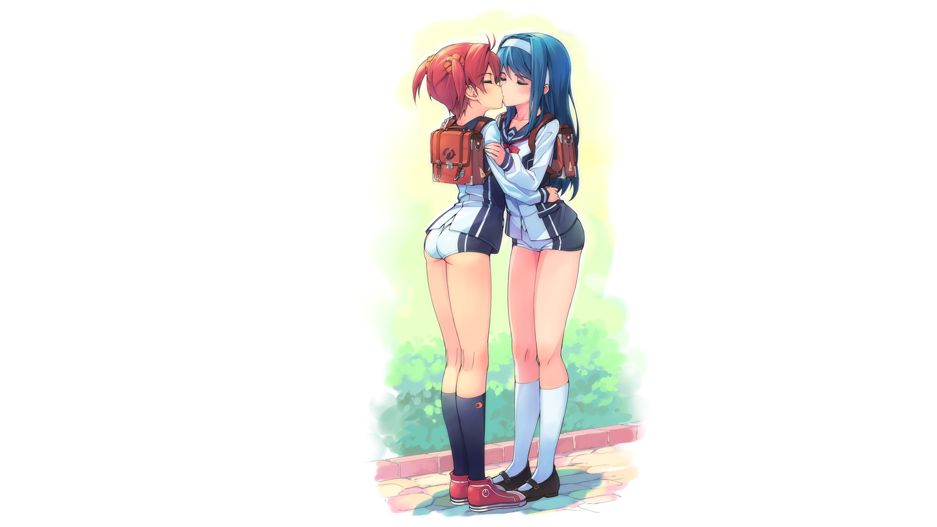 Anime 1920x1080 anime girls simple background Vividred Operation Akane Isshiki Aoi Futaba shorts yuri kissing lesbians anime