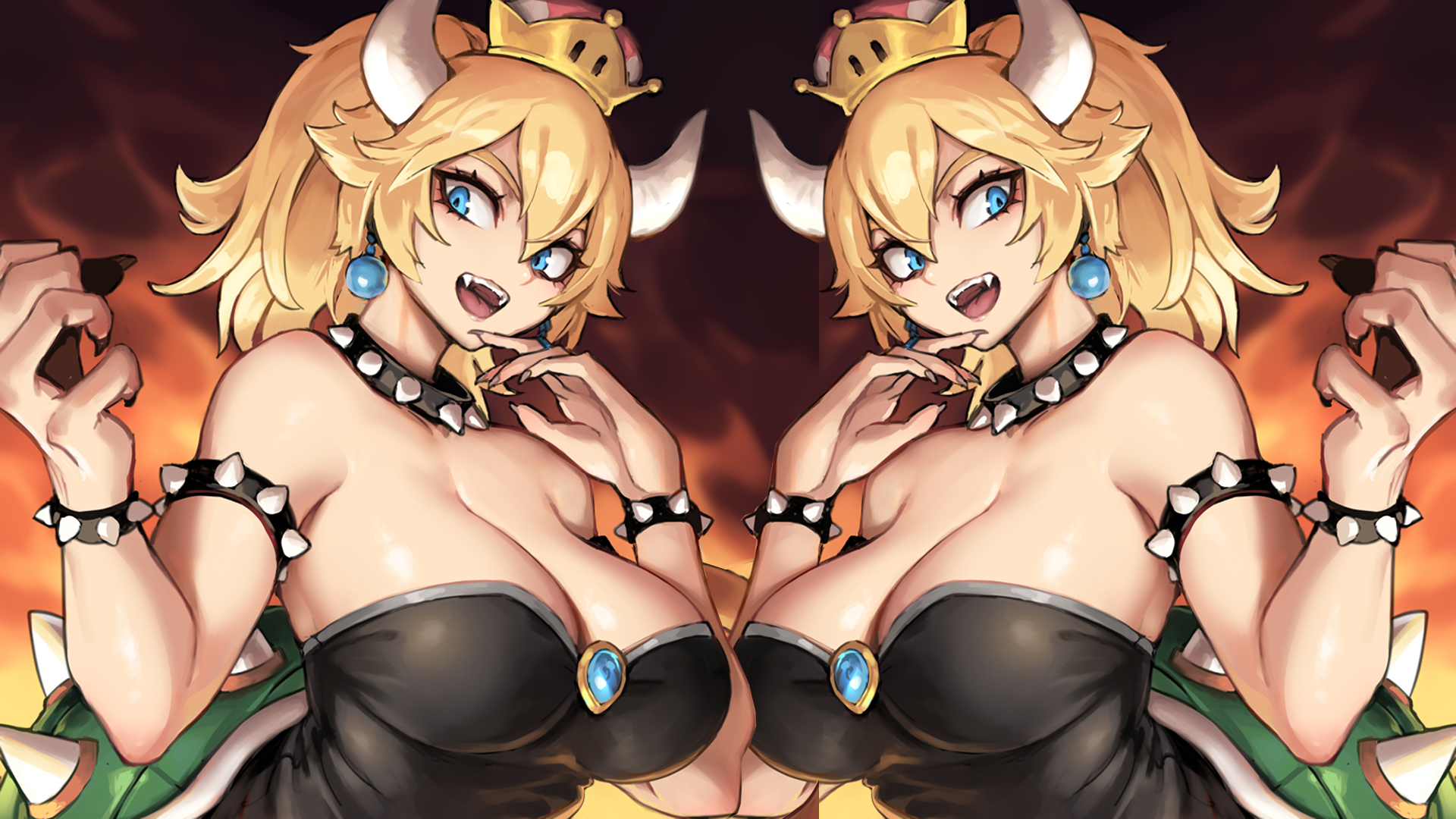 Anime 1920x1080 Bowsette looking at viewer cleavage big boobs