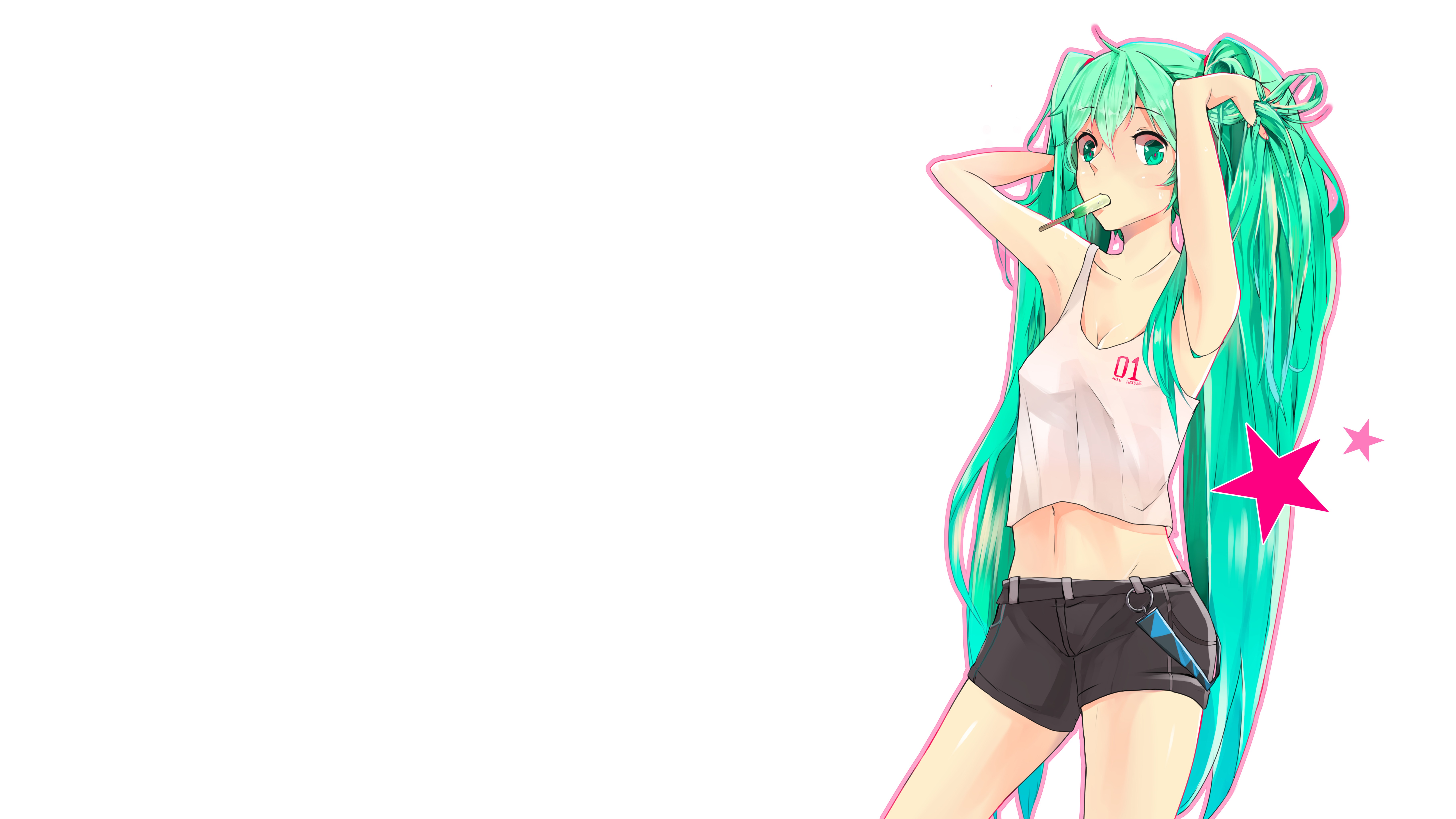 Anime 7276x4093 Vocaloid Hatsune Miku anime girls simple background green hair long hair twintails shorts belly button belt ice cream