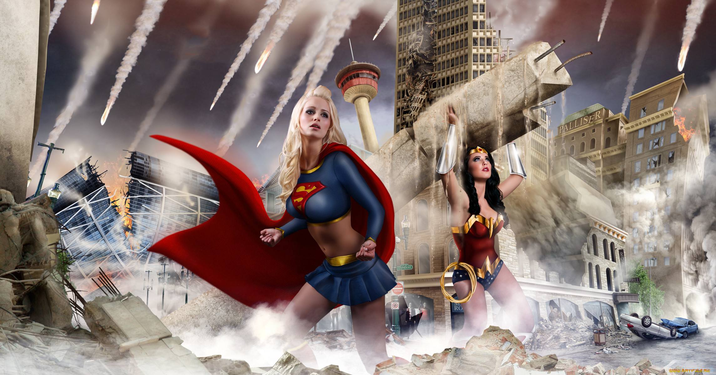 General 2288x1200 superheroines women digital art artwork fantasy girl Supergirl Wonder Woman