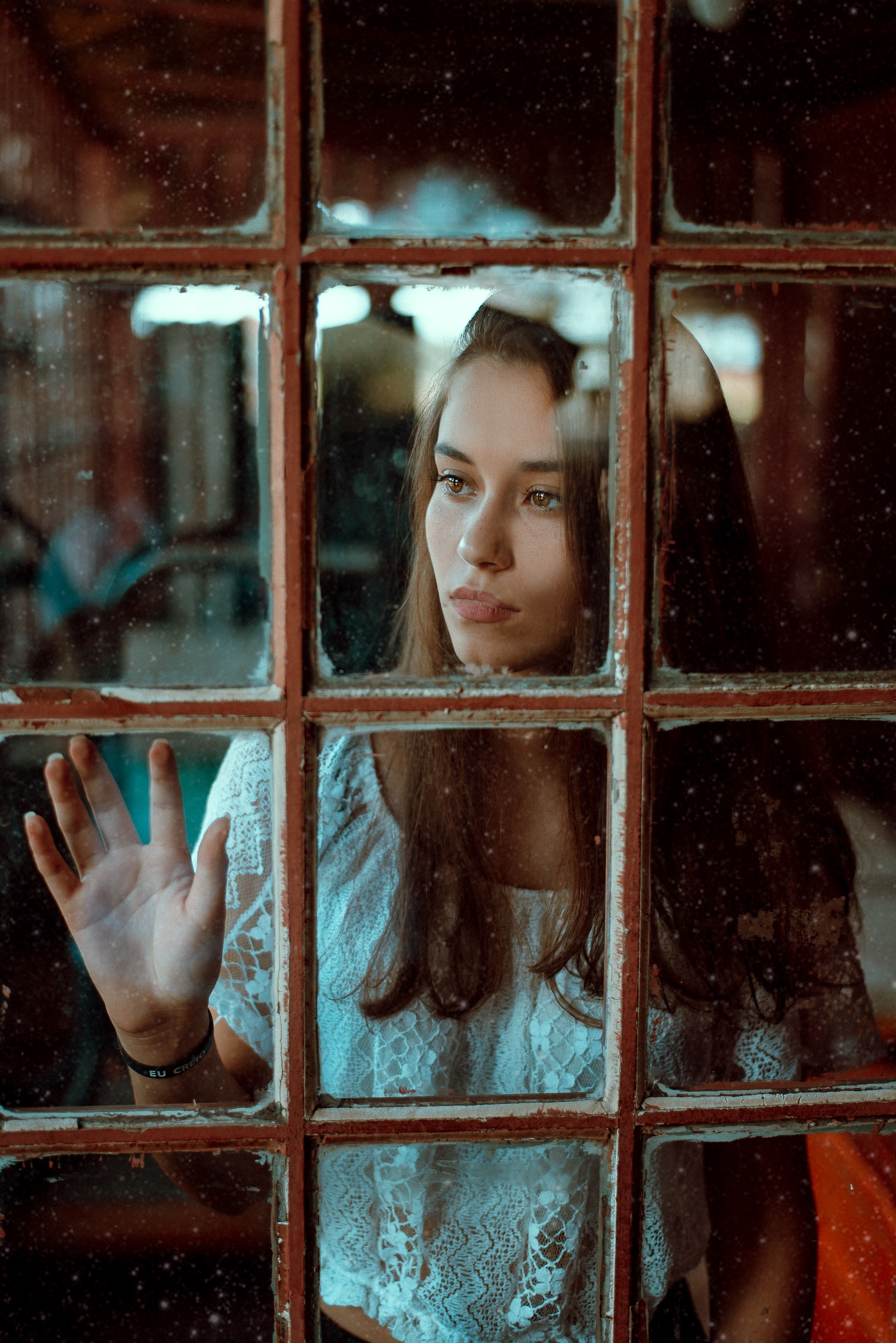 People 1950x2921 women model brunette long hair portrait display glass window brown eyes white tops looking into the distance looking out window