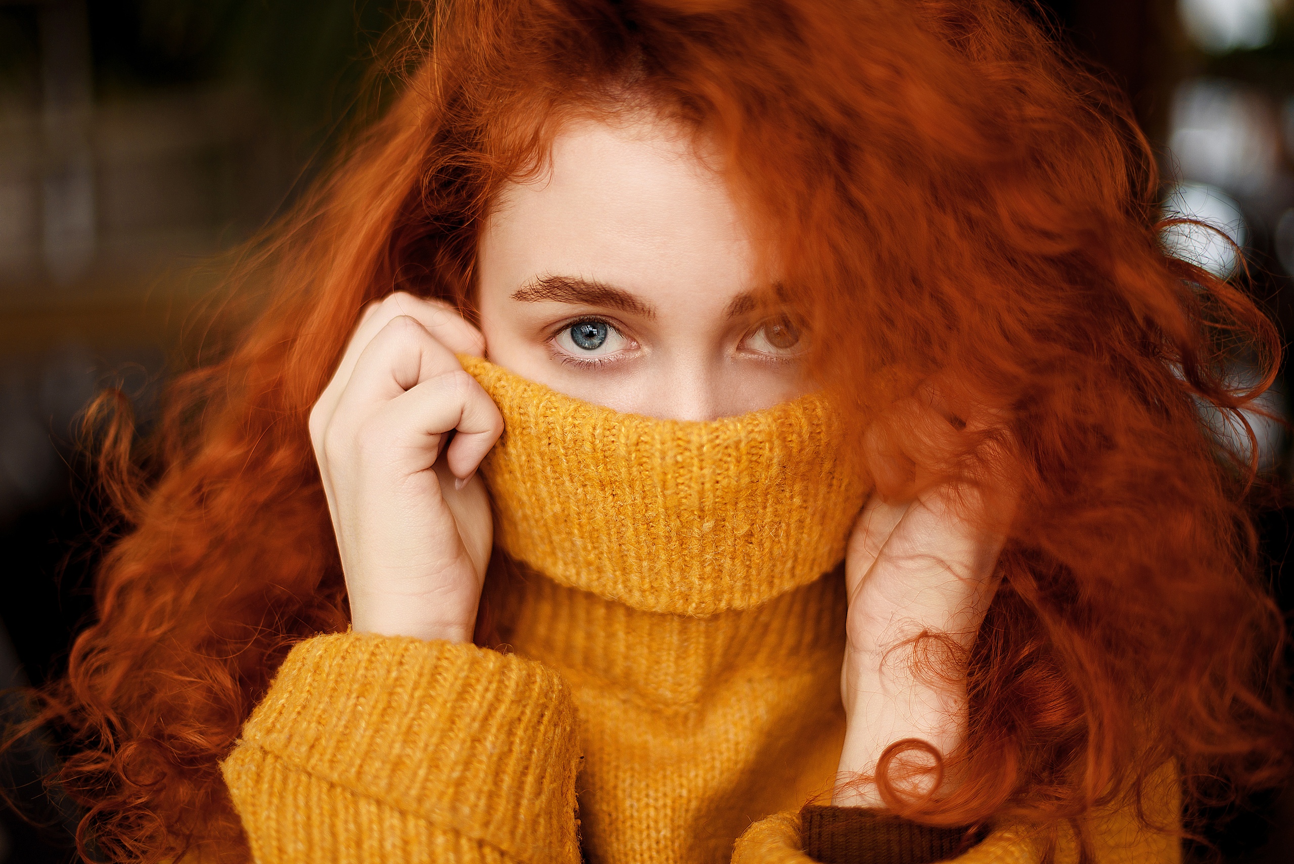 People 2560x1709 women model redhead long hair curly hair looking at viewer portrait gray eyes covered face sweater yellow sweater yellow clothing bokeh indoors women indoors Juliana Naidenova knit fabric closeup