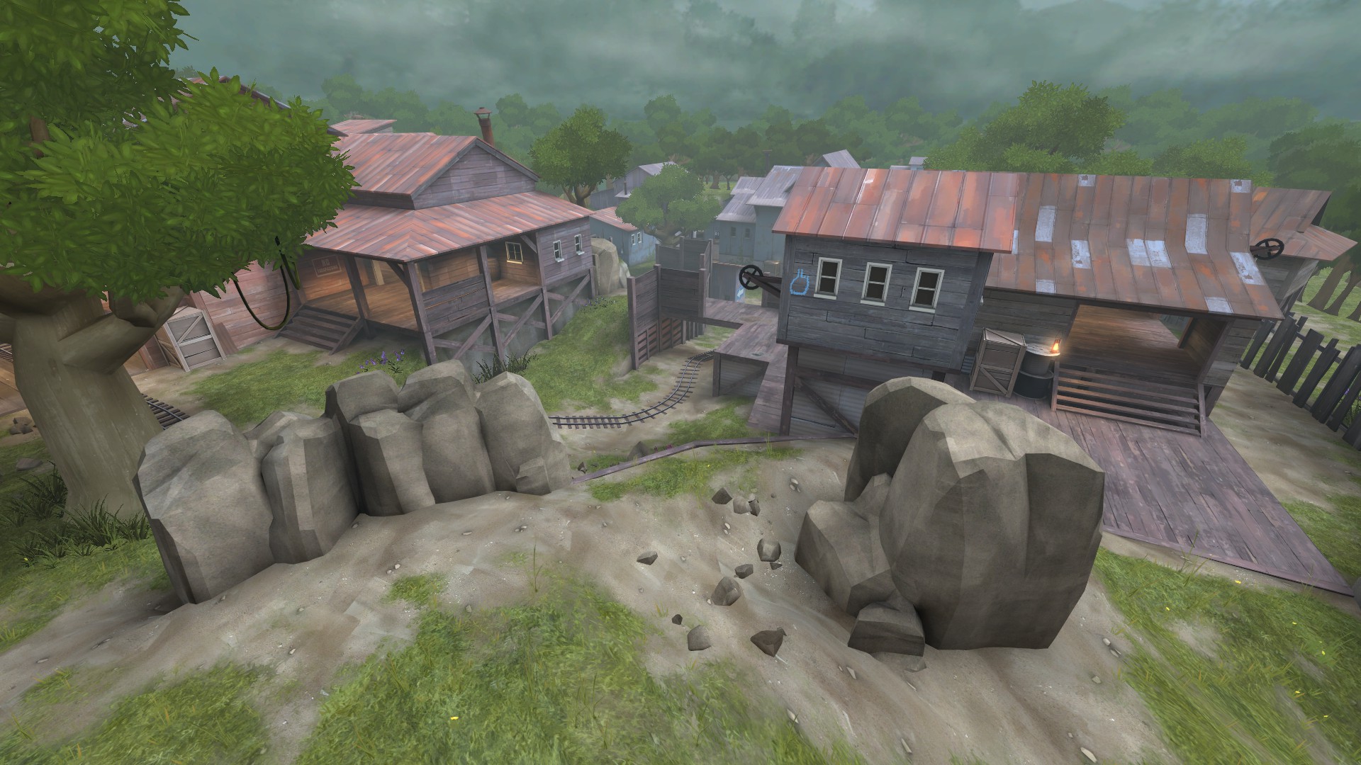 General 1920x1080 Team Fortress 2 Borneo grass railway video game art trees building rocks mist video games