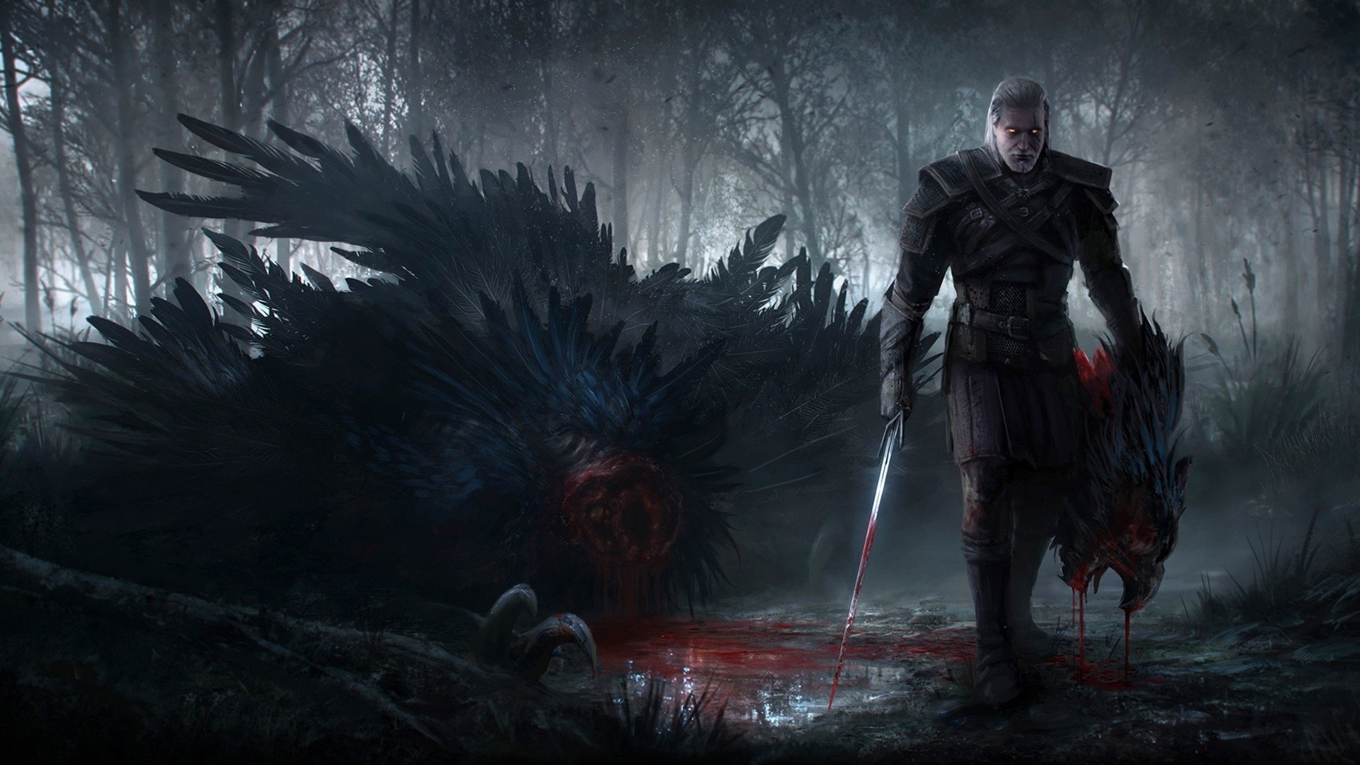 General 1920x1080 creature fantasy art The Witcher 3: Wild Hunt video game art blood video games sword glowing eyes Geralt of Rivia
