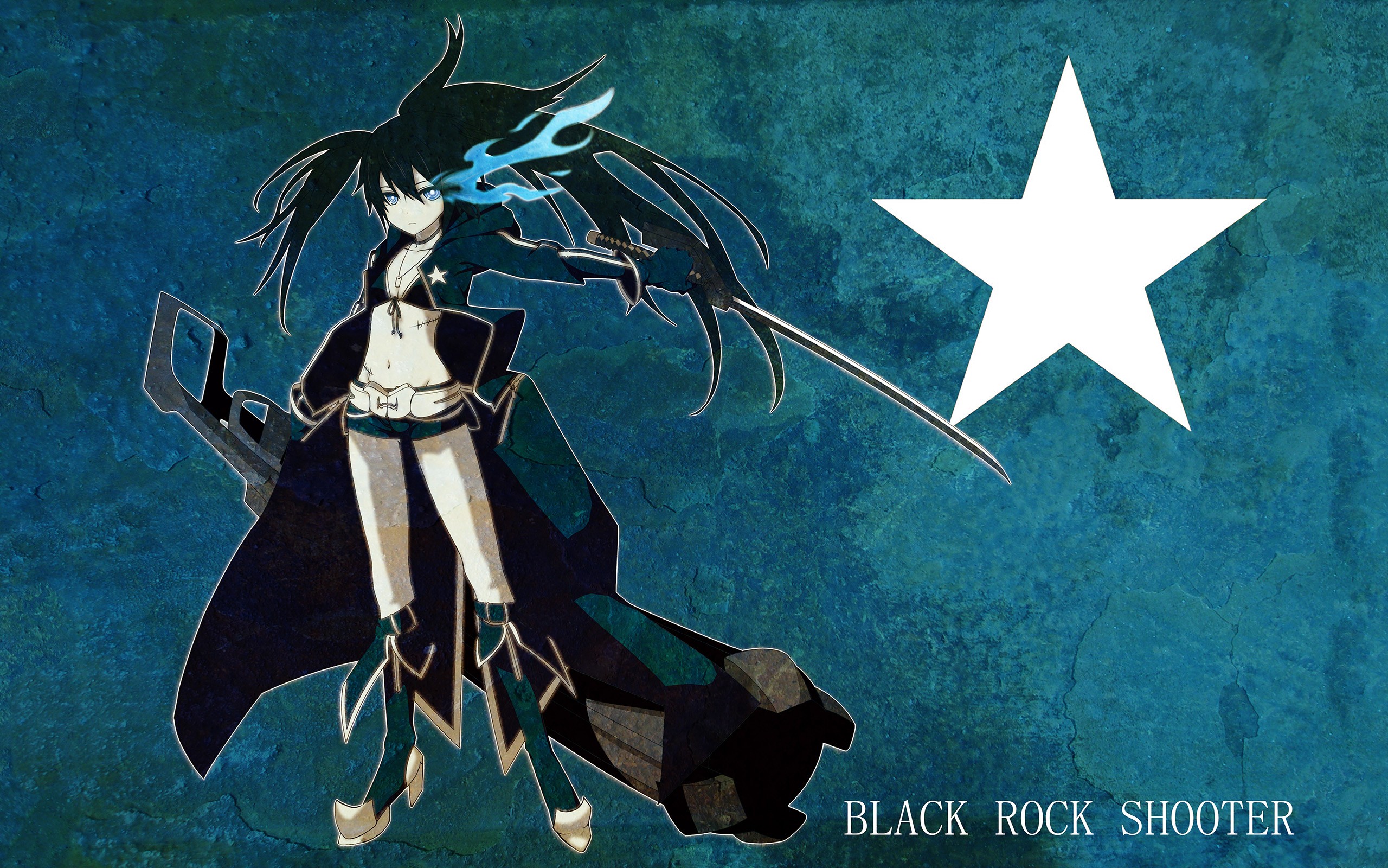 Anime 2560x1600 anime girls simple background Black Rock Shooter long hair shorts bikini top weapon sword gun boots twintails black hair blue eyes scars necklace coats belt gloves belly button collar hoods