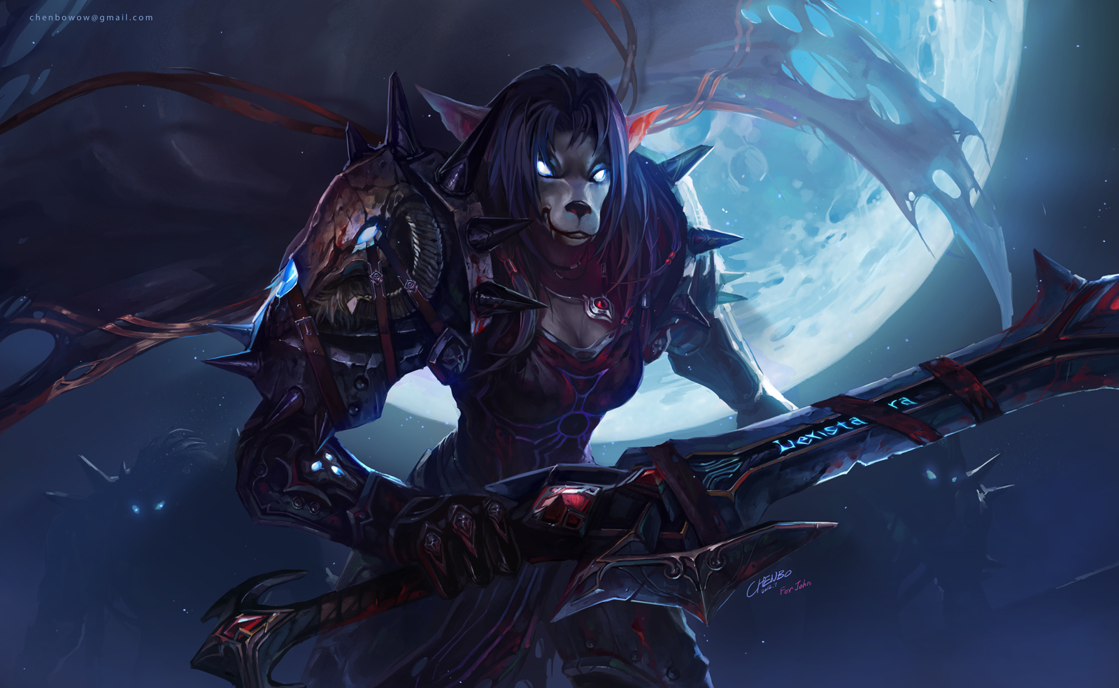 General 1600x984 Chenbo fantasy art Warcraft World of Warcraft weapon cleavage pointy ears glowing eyes long hair blue eyes blue hair sword Moon moonlight sky coats armor
