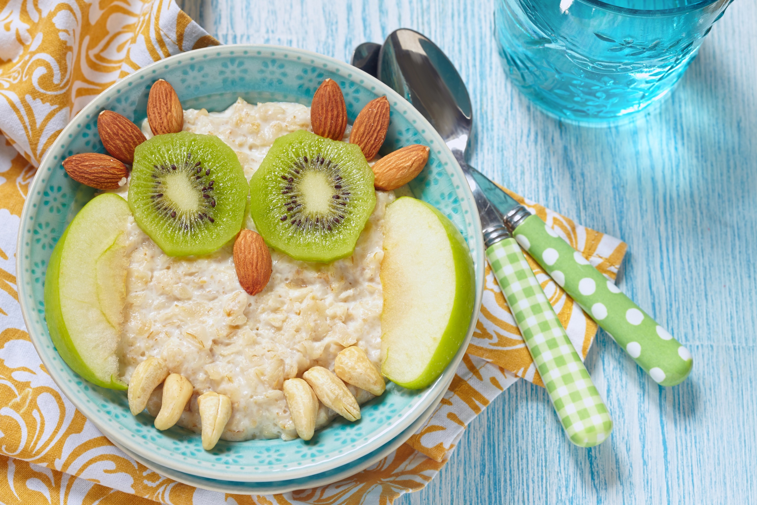 General 2560x1707 food kiwi (fruit) spoon apples breakfast colorful oatmeal nuts owl fruit