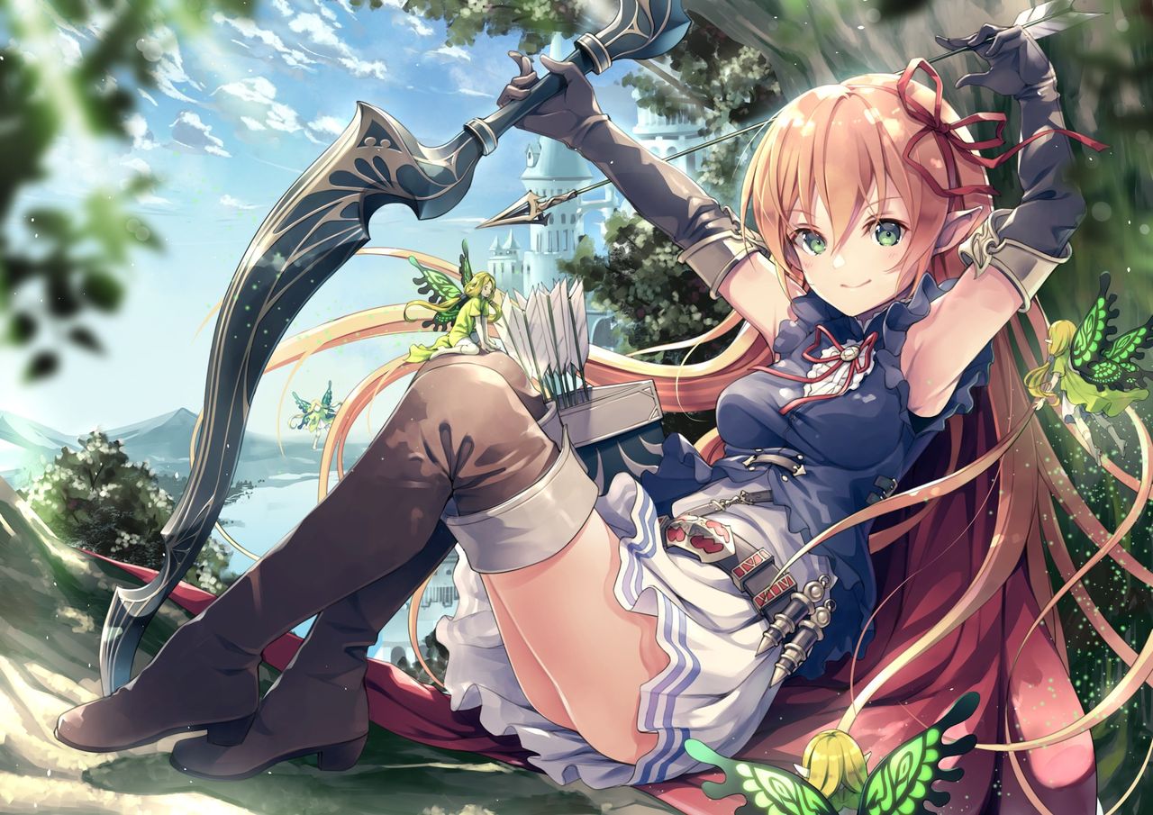 Anime 1280x905 women anime girls bow legs armpits bow and arrow arrows smiling looking at viewer long hair clouds leaves elbow gloves