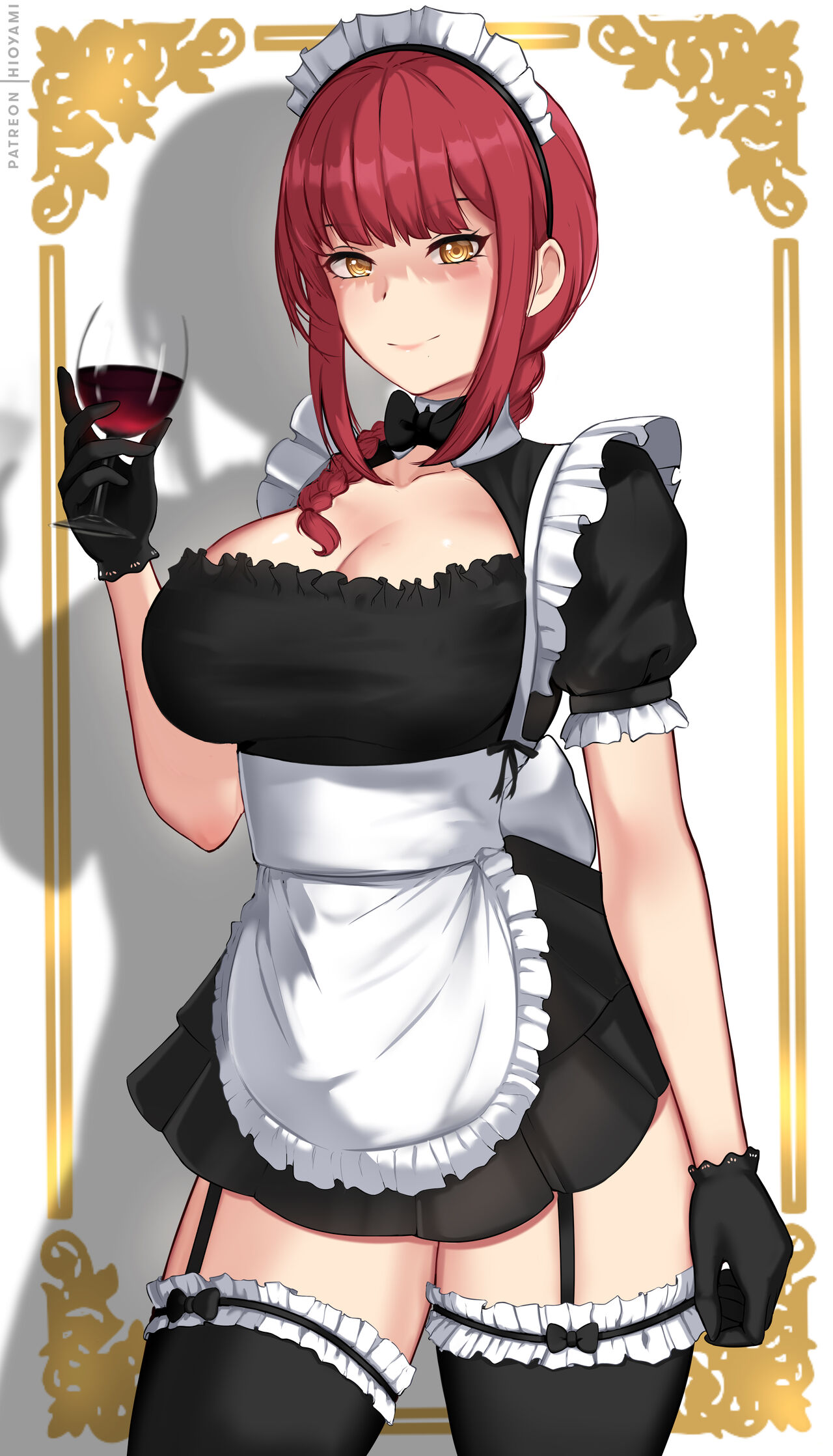 Anime 1280x2237 Hioyami Chainsaw Man Makima (Chainsaw Man) portrait display anime girls gloves stockings looking at viewer bow tie smiling maid maid outfit drink braids
