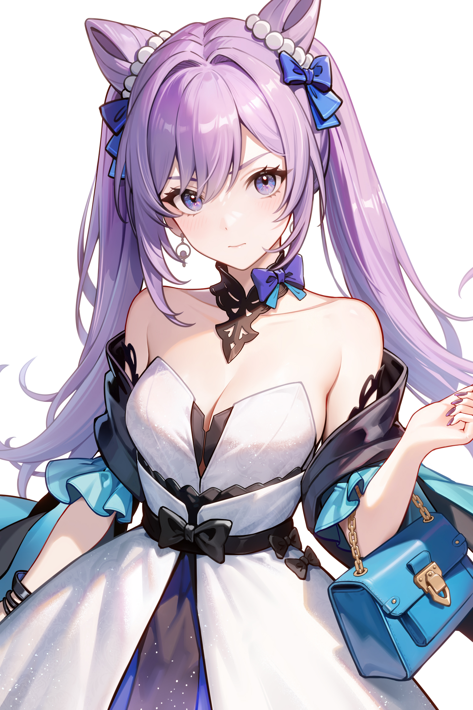 Anime 1536x2304 Genshin Impact artwork Keqing (Genshin Impact) anime anime girls purple hair purple eyes ponytail cat ears cat girl bare shoulders big boobs cleavage earring handbags dress bow tie simple background white background twintails portrait display long hair looking at viewer purse