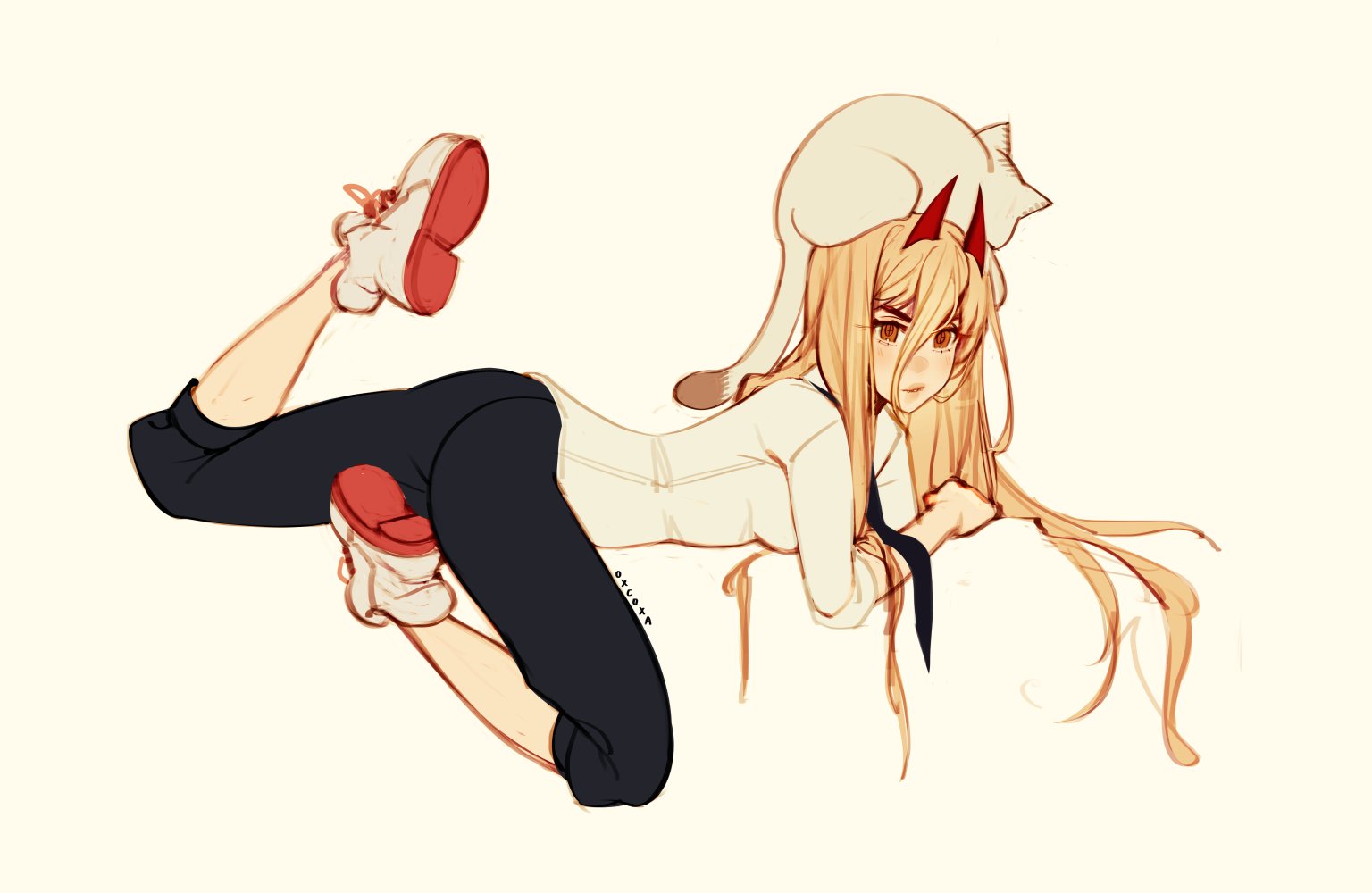 Anime 1536x1000 Power (Chainsaw Man) Chainsaw Man cats minimalism simple background white background anime girls long hair horns looking at viewer lying on front animals blonde yellow eyes