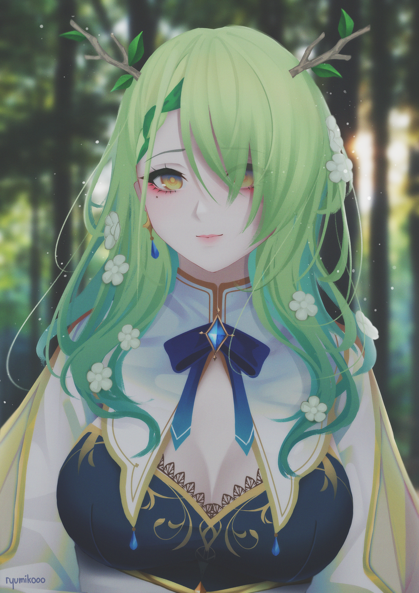 Anime 1414x2000 ryumiko minimalism Hololive Ceres Fauna green hair green eyes cleavage Hololive English anime girls portrait display moles mole under eye flower in hair trees looking at viewer Virtual Youtuber bow tie