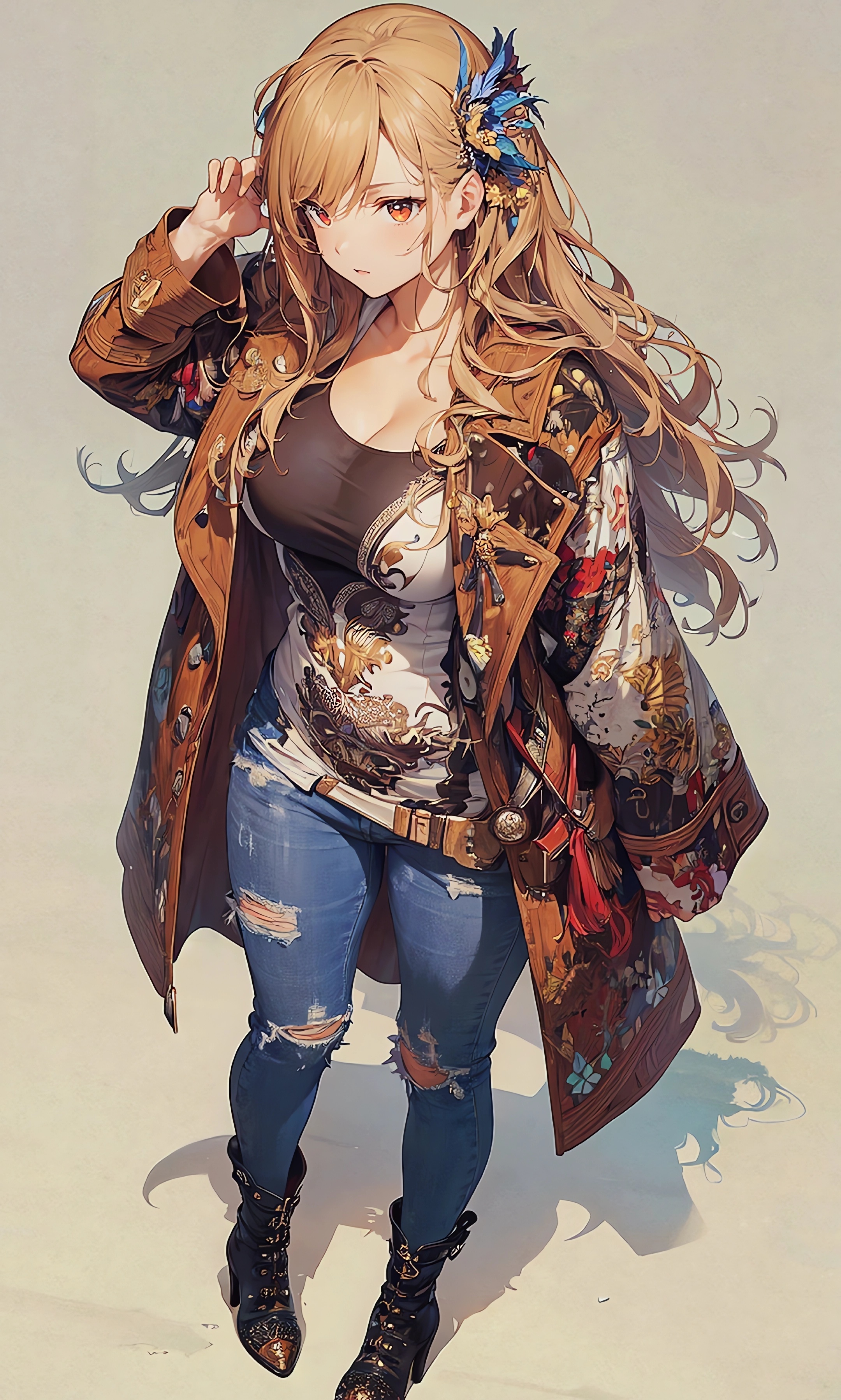 Anime 2160x3598 anime anime girls portrait display long hair simple background cleavage big boobs looking at viewer blonde orange eyes torn clothes AI art high angle