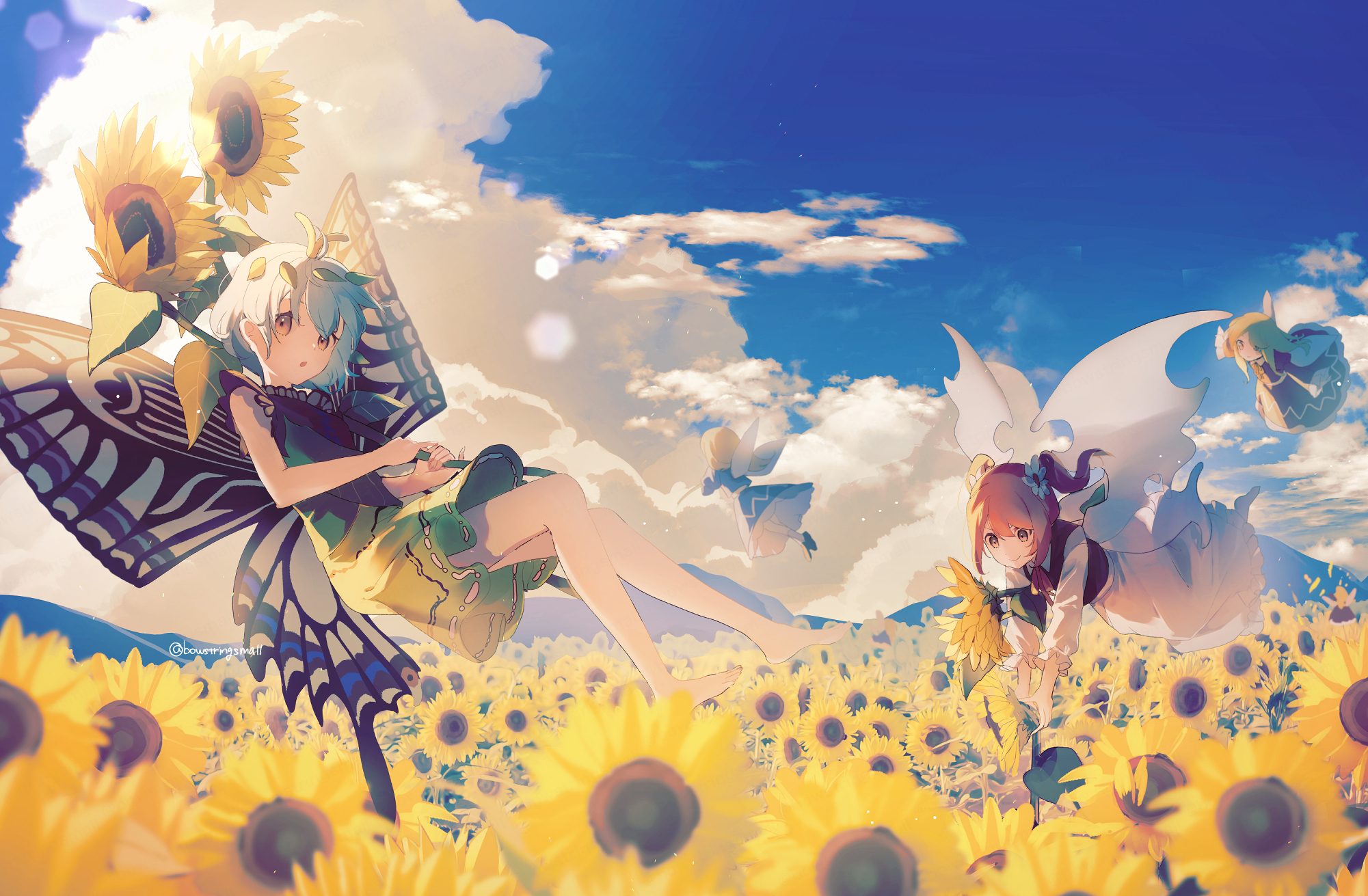 Anime 2001x1311 anime anime girls Touhou Eternity Larva sunflowers sky clouds looking at viewer wings flowers leaves flower in hair