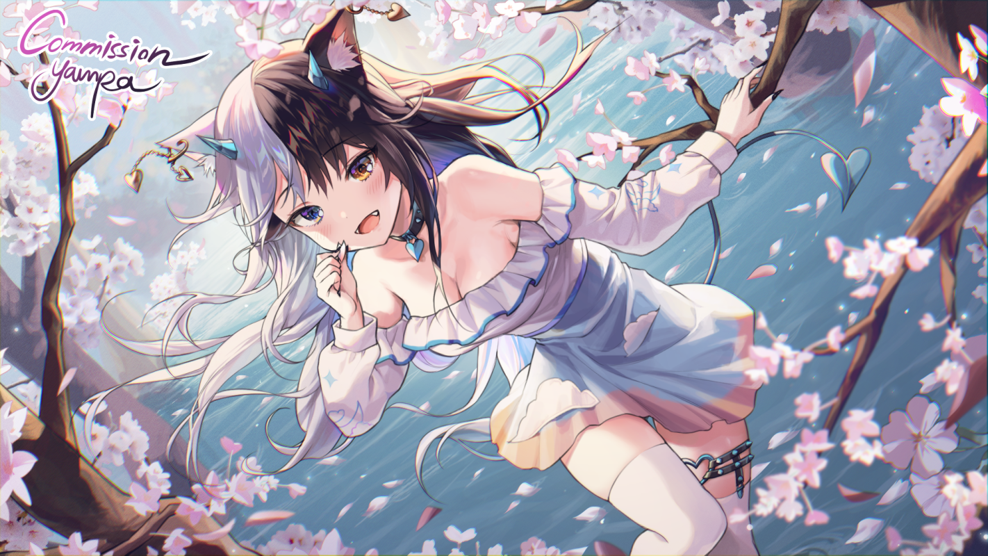 Anime 1422x800 anime anime girls two tone hair blushing heterochromia long hair cat girl cat ears stockings petals branch flowers looking at viewer cleavage choker demon girls demon tail horns water