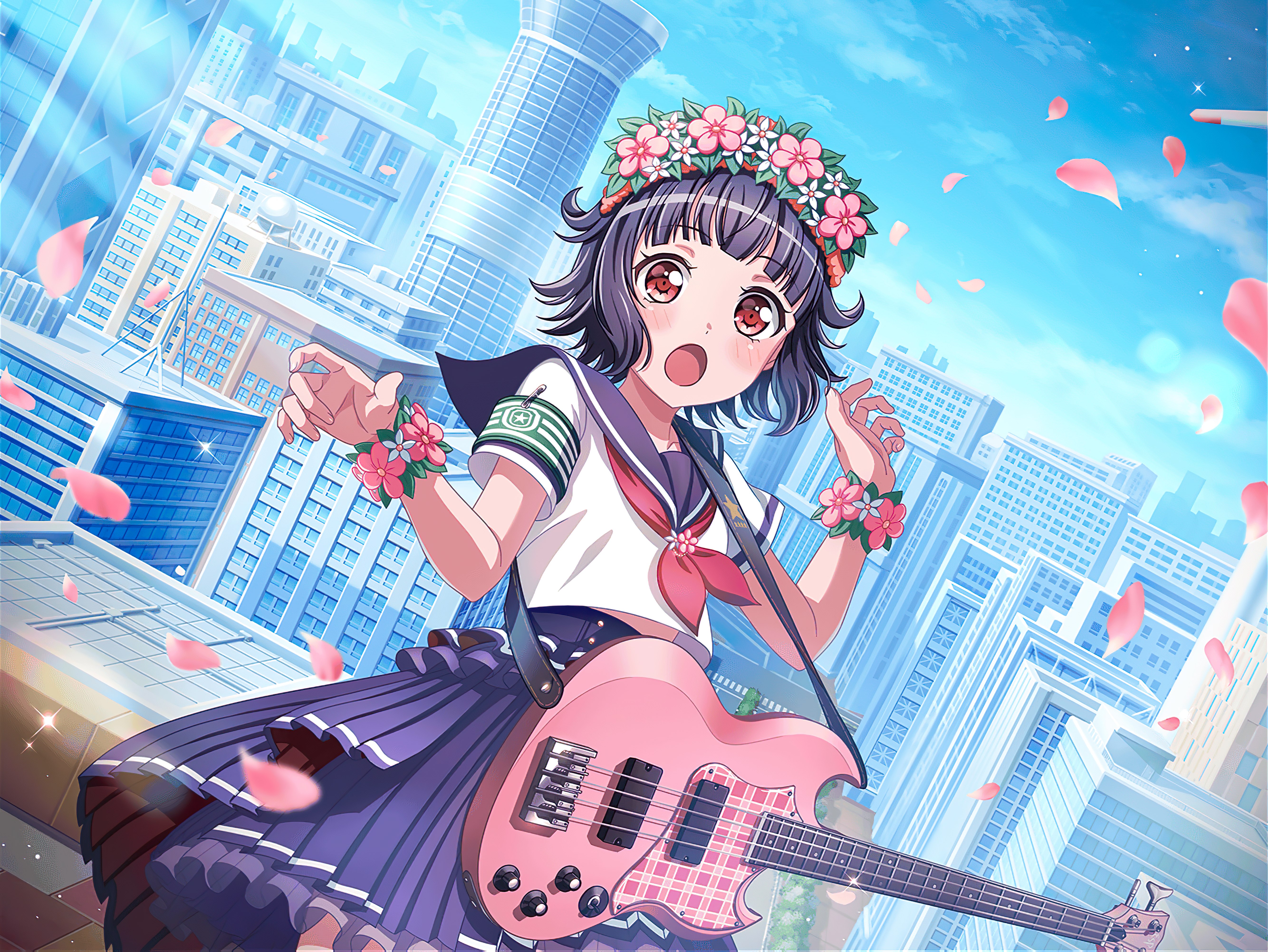 Anime 5336x4008 BanG Dream! anime anime girls Ushigome Rimi flower crown blushing flower in hair guitar musical instrument open mouth flowers petals looking at viewer city building sky clouds sunlight schoolgirl school uniform short hair