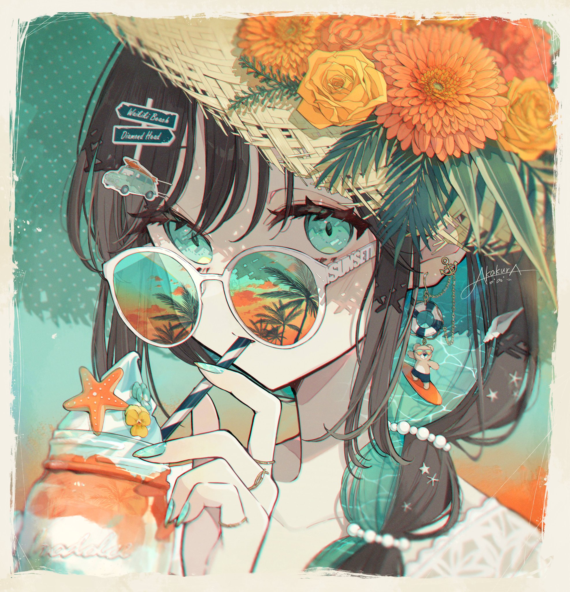 Anime 1973x2048 Akakura anime anime girls sunglasses two tone hair straw hat drink looking at viewer reflection flowers