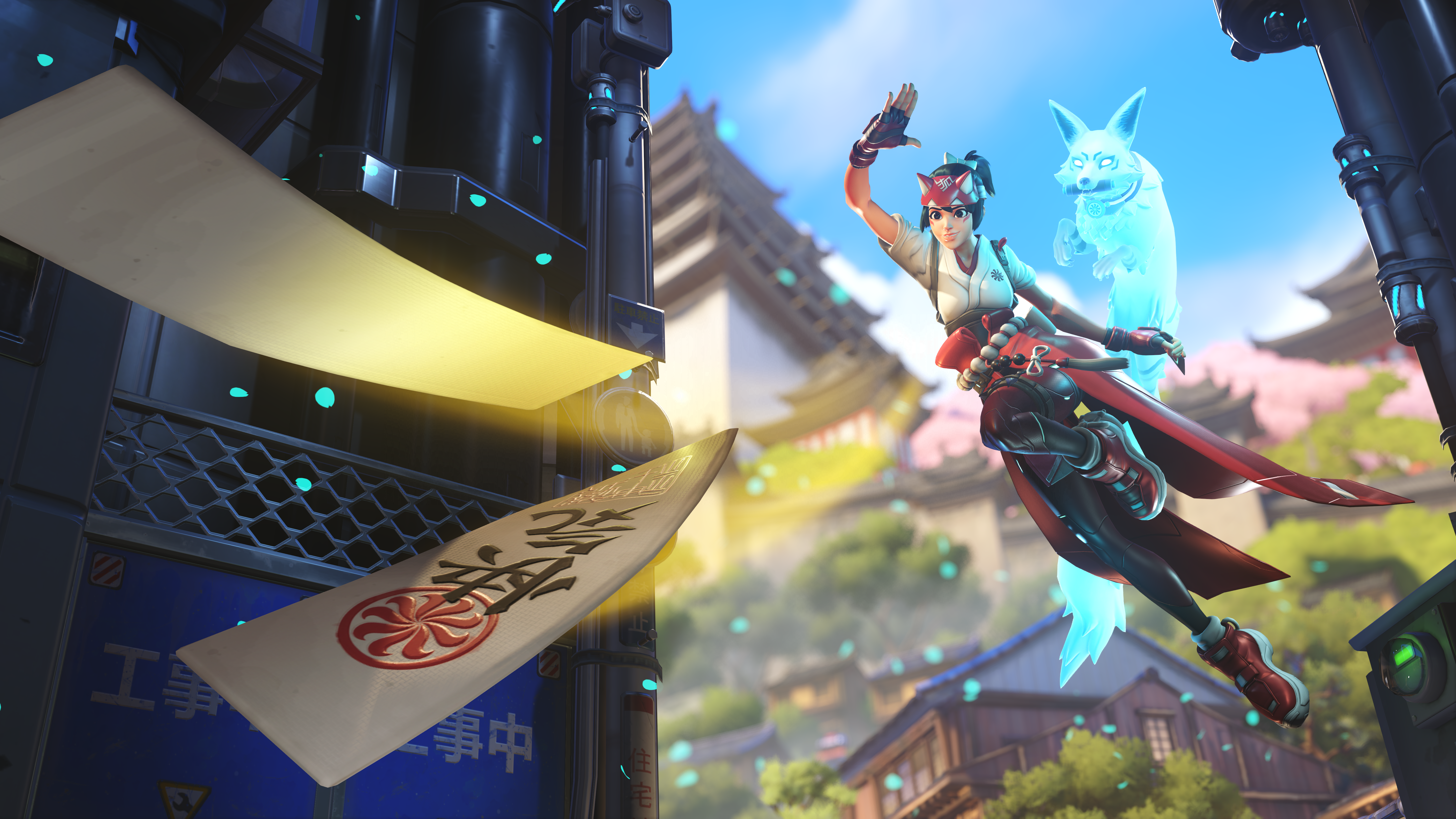 General 5760x3240 Overwatch Kiriko (Overwatch) video games video game girls fox video game characters screen shot floating particles green hair Blizzard Entertainment asian clothing Spirit Japan Asian architecture gloves fingerless gloves smiling jumping